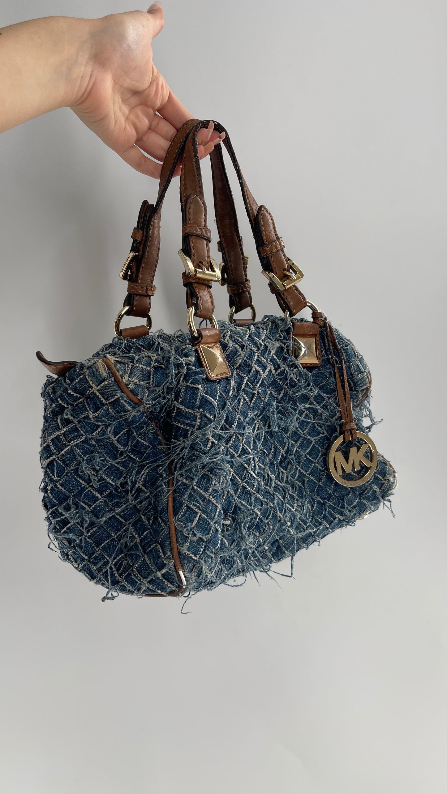 Vintage Michael Kors Woven Distressed Denim Bag with Leather Straps and Gold Hardware