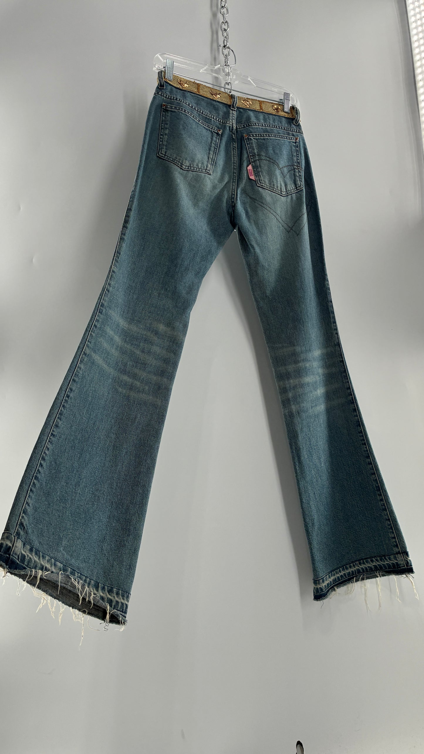 Vintage VOYAGE PASSION Kick Flare Light Wash Jeans with Heart Embroidered Bum and Gold Sequin Belt (28)