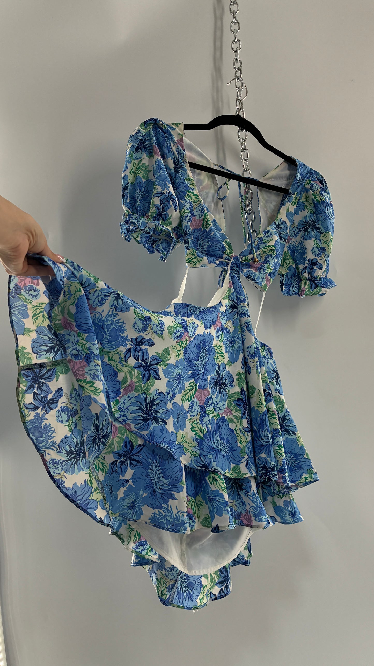 Hello Molly Blue Puff Sleeve Mini Dress with Completely Ruffled Sides and Tags Attached (XS)