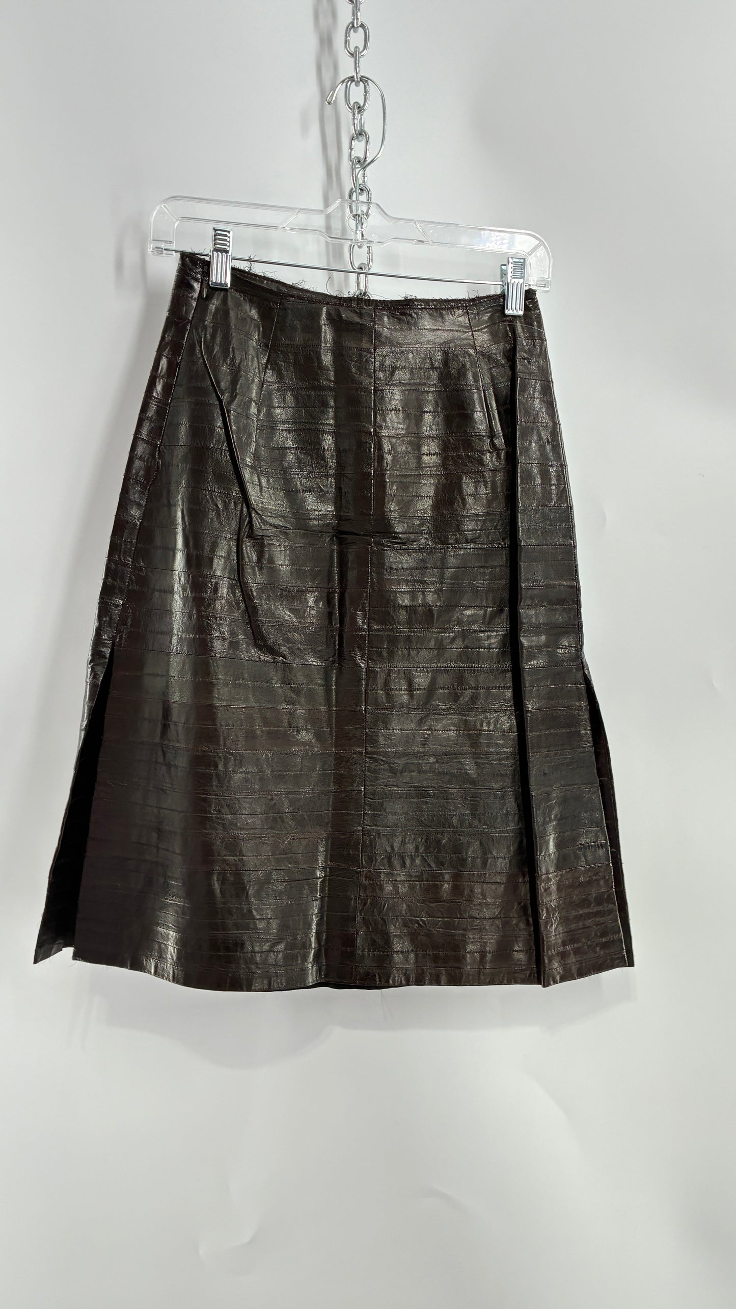 Vintage Handmade Pleated Dark Brown Genuine Leather Patchwork Skirt (XS)