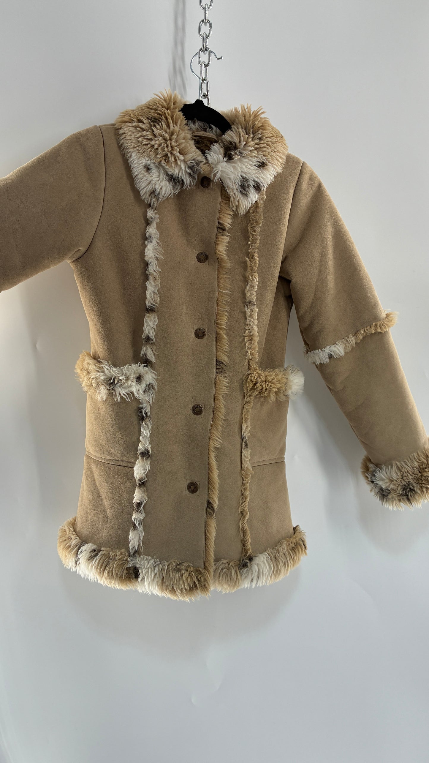 LONDON FOG (10/12) Vegan Suede Coat with Leopard Patterned Piping, Trim and Collar