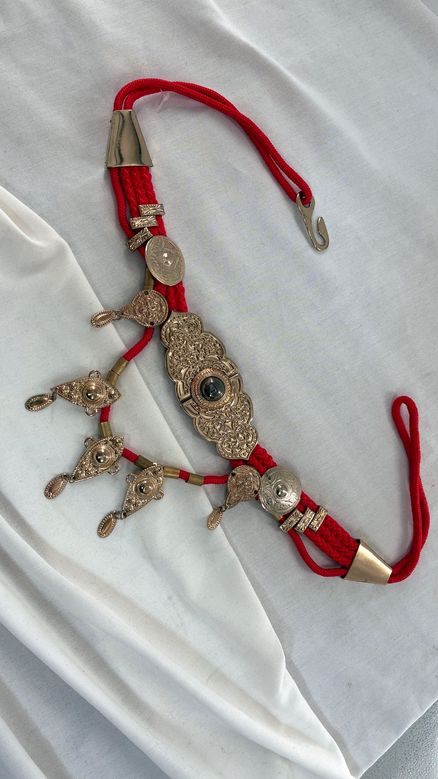 Vintage 1980s Red Rope Belt with Gold Engraved Coins Made in Korea