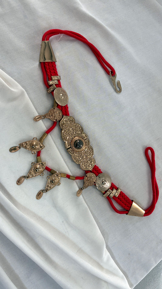 Vintage 1980s Red Rope Belt with Gold Engraved Coins Made in Korea