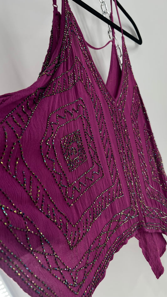 Free People Purple Beaded Handkerchief Hem Tank (Small)