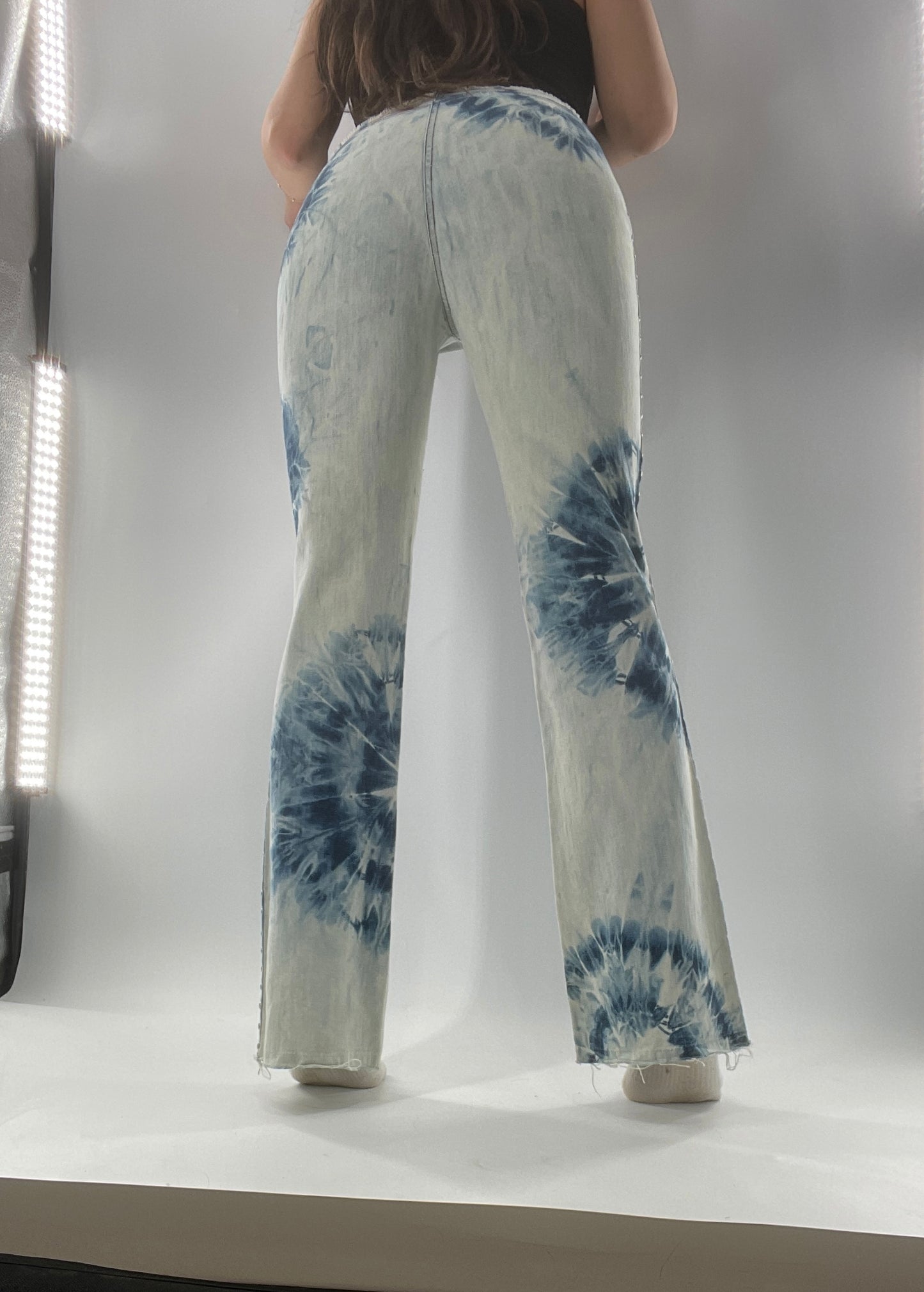 Vintage 1990s DKNY Light Bleached Jeans with Tie Dye Denim Pattern, Raw Edge Low Rise, and Studded Sides (5)