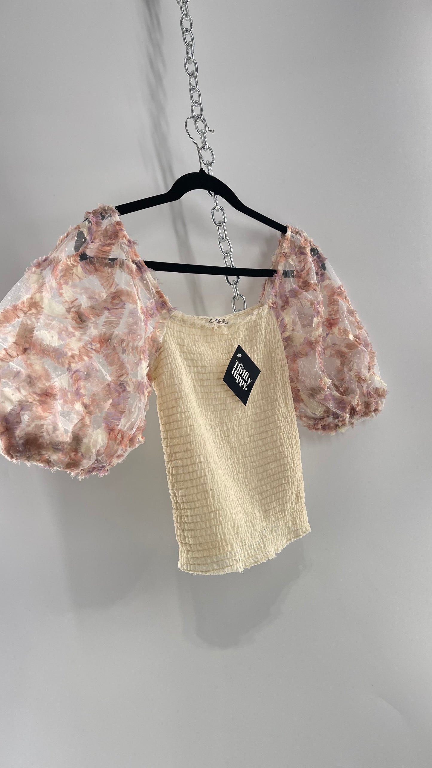 Free People Flower Girl Delicate Romantic Puff Sleeve Top with Smocked Mesh Body (Small)