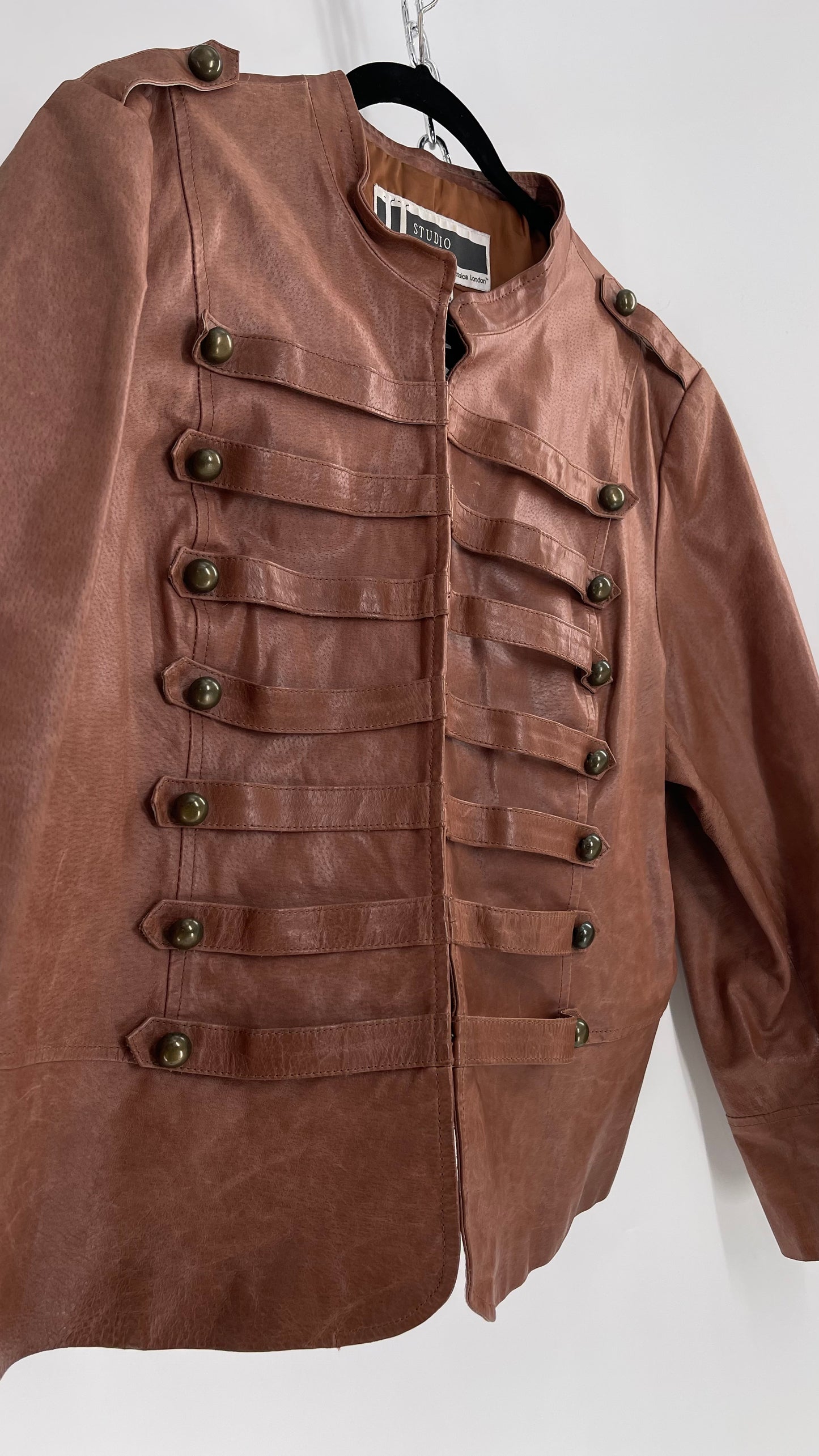 Vintage JL Studio Brown Leather Double Breasted Steampunk Military Drummer Jacket with Brass Toned Buttons (24W)