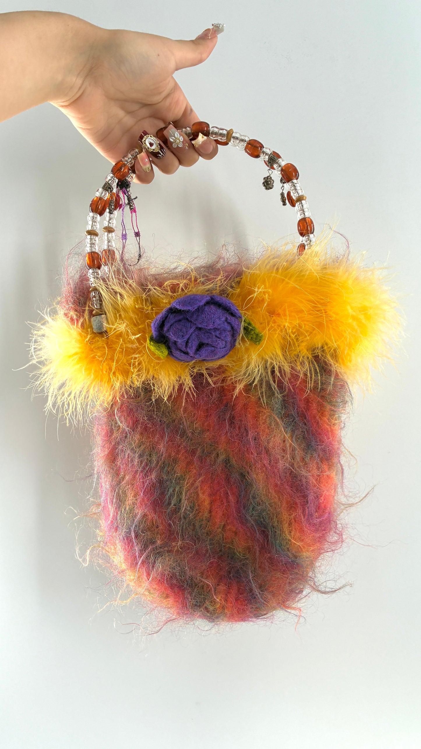 Deadstock Vintage Handmade Handwoven Bag with Beaded Handle, Metal Charms and Yarn Rosette