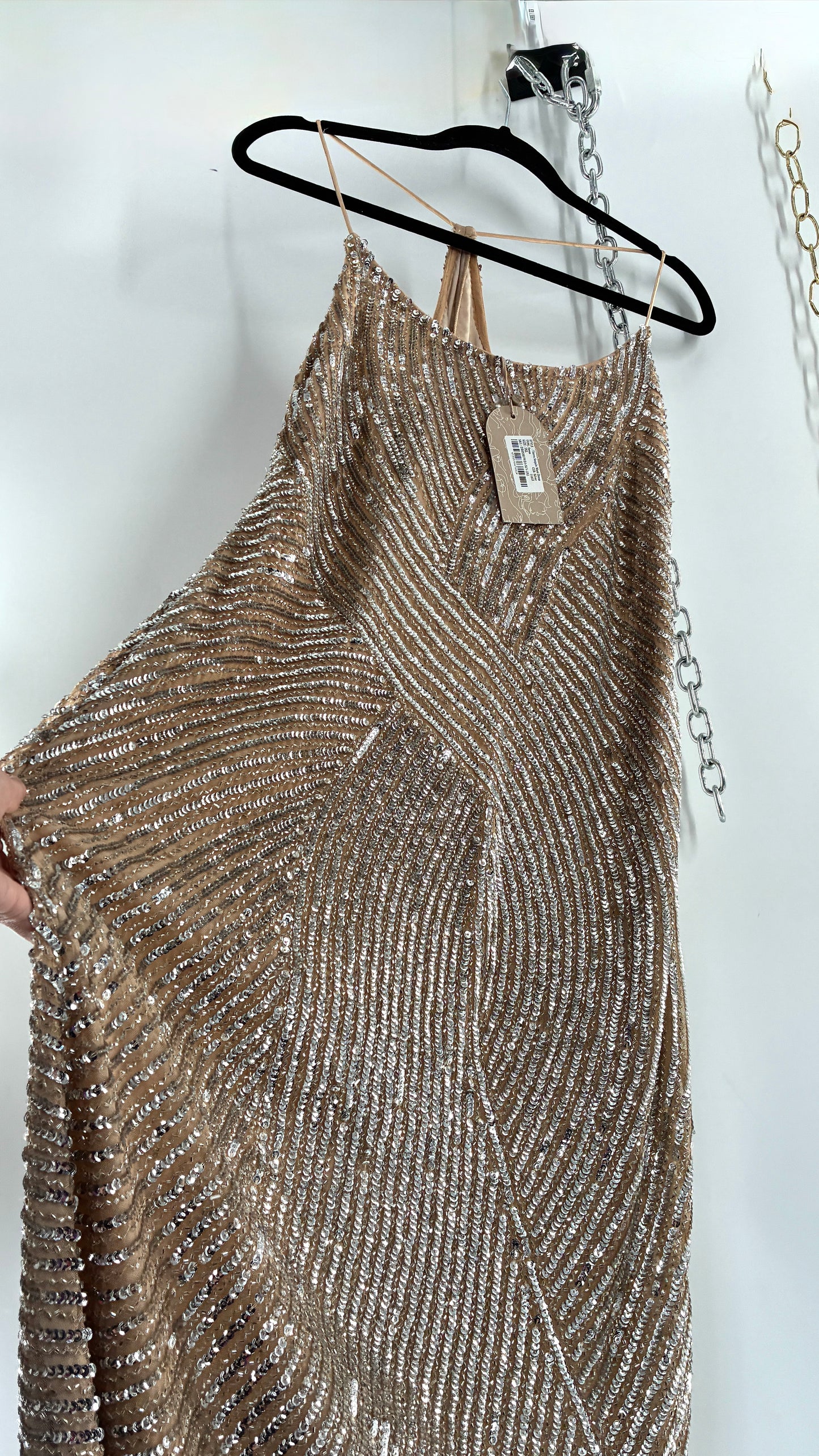 MESHKI Tierra Nude Full Length Dress with Silver Sequins with Tags Attached (XXXL)