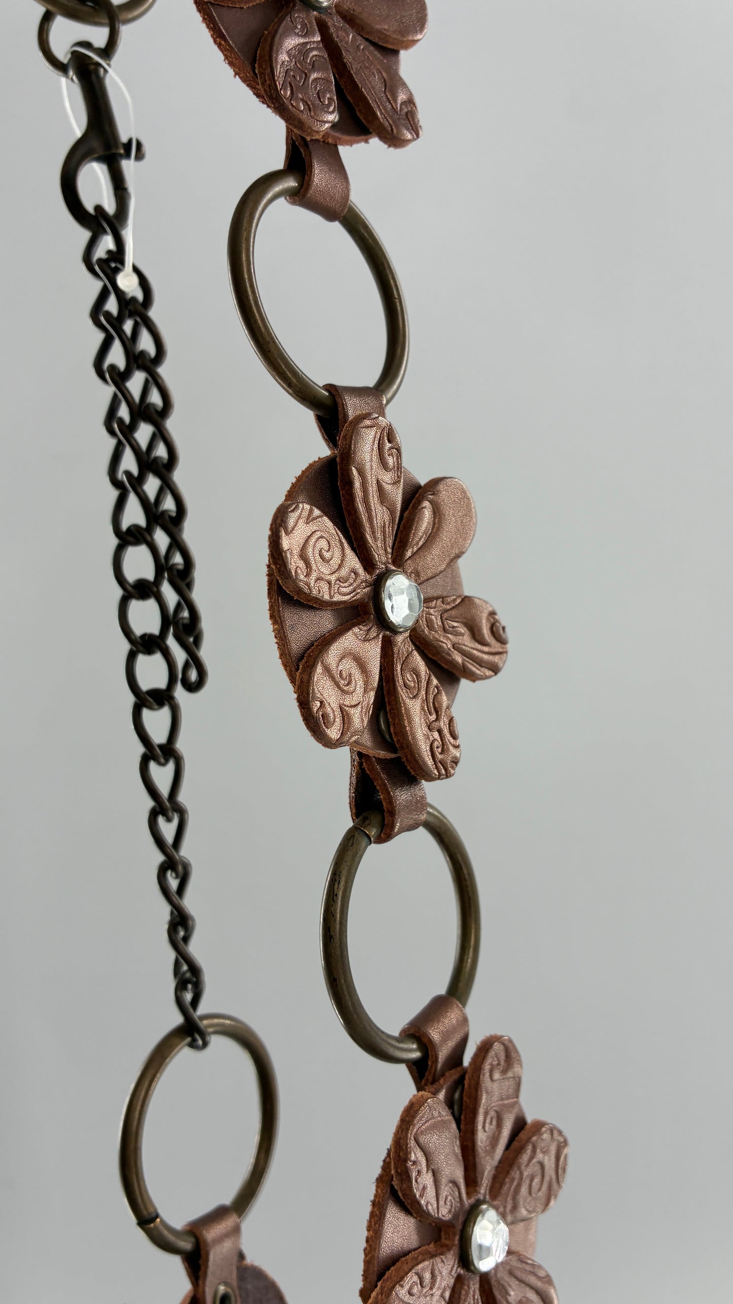 Vintage RELIC Brown Bronze Leather Flower Chain Belt with Rhinestones (M/L)