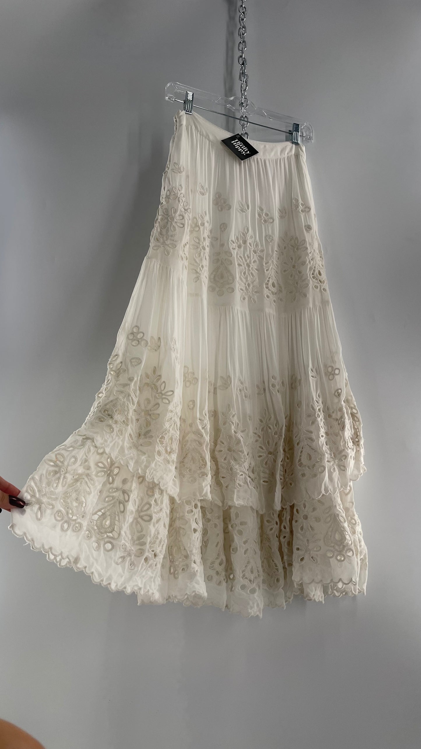 Free People White Embroidered Eyelet/Lace Voluminous Tiered Ruffle Full Length Skirt (4)