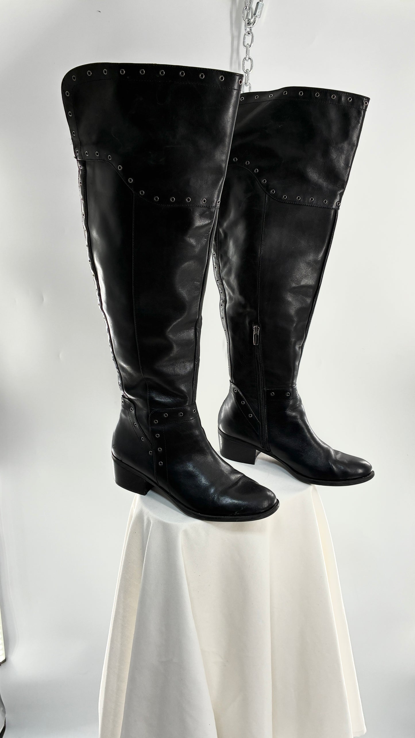 VINCE CAMUTO Genuine Leather Black Over the Knee, Thigh High Boots with Studding Details (11/41)