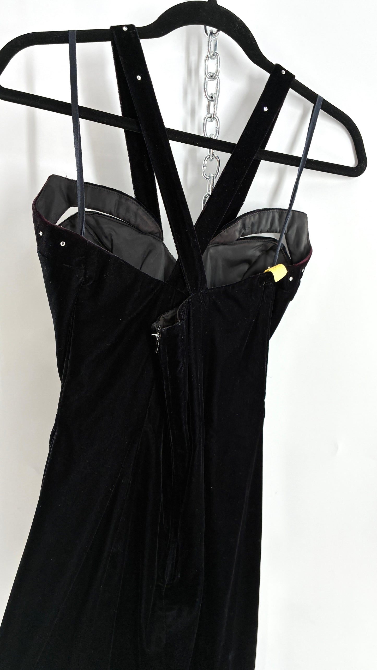 Vintage Handmade Velvet Gown with Pointed Bust Lined in Rhinestones and Dramatic Side Slit (S/M)
