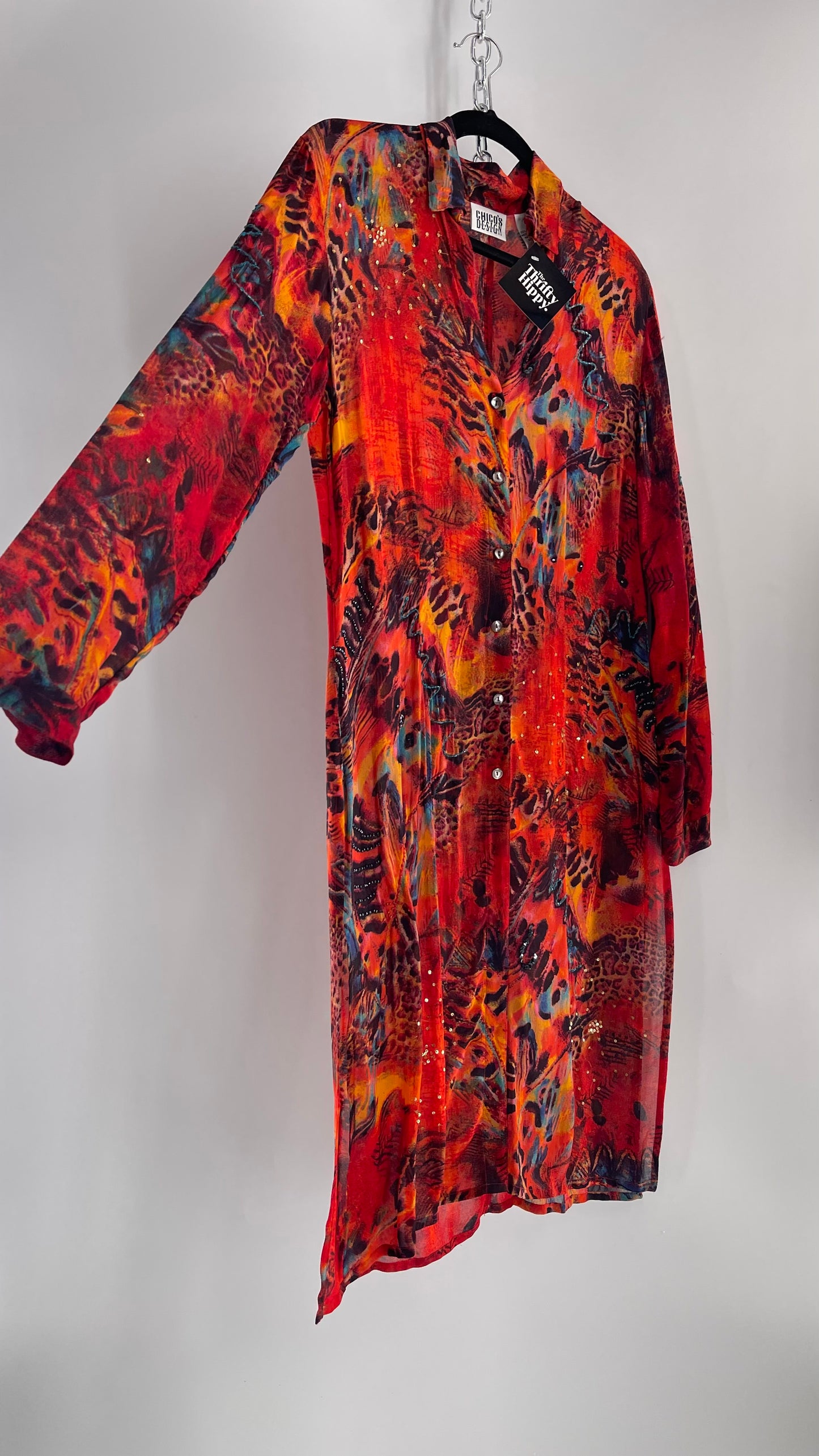 Vintage CHICOs Burnt Orange Sheer Duster Coat with Mixed Animal Print and Embroidery/Beading (XL)