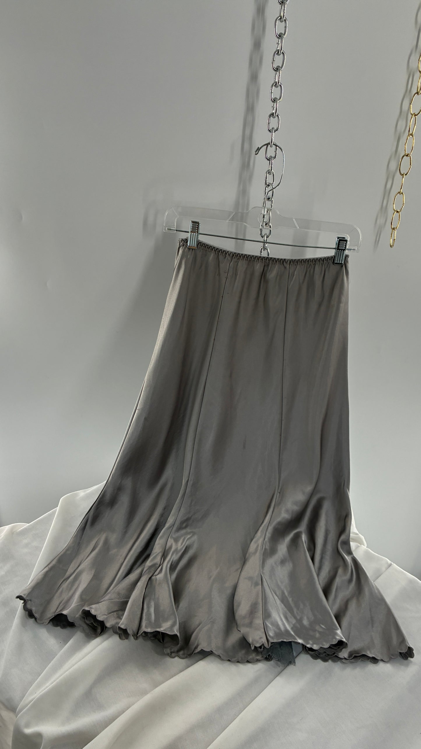 Vintage BARBIZON Silver Skirt with Lace Slits and Scalloped Hem (Medium)
