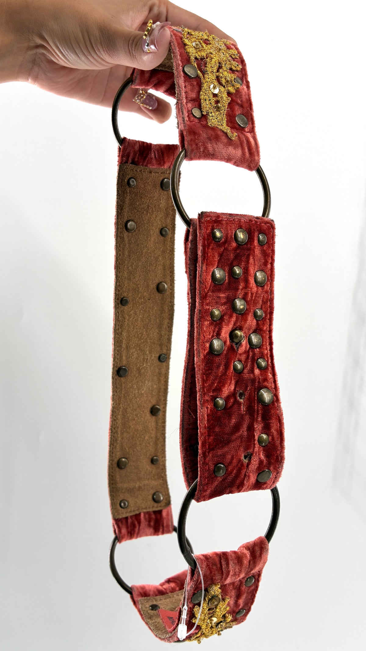 Vintage BETSEY JOHNSON Crushed Velvet Salmon Belt with Gold Appliqué and Metal Studs (Small)