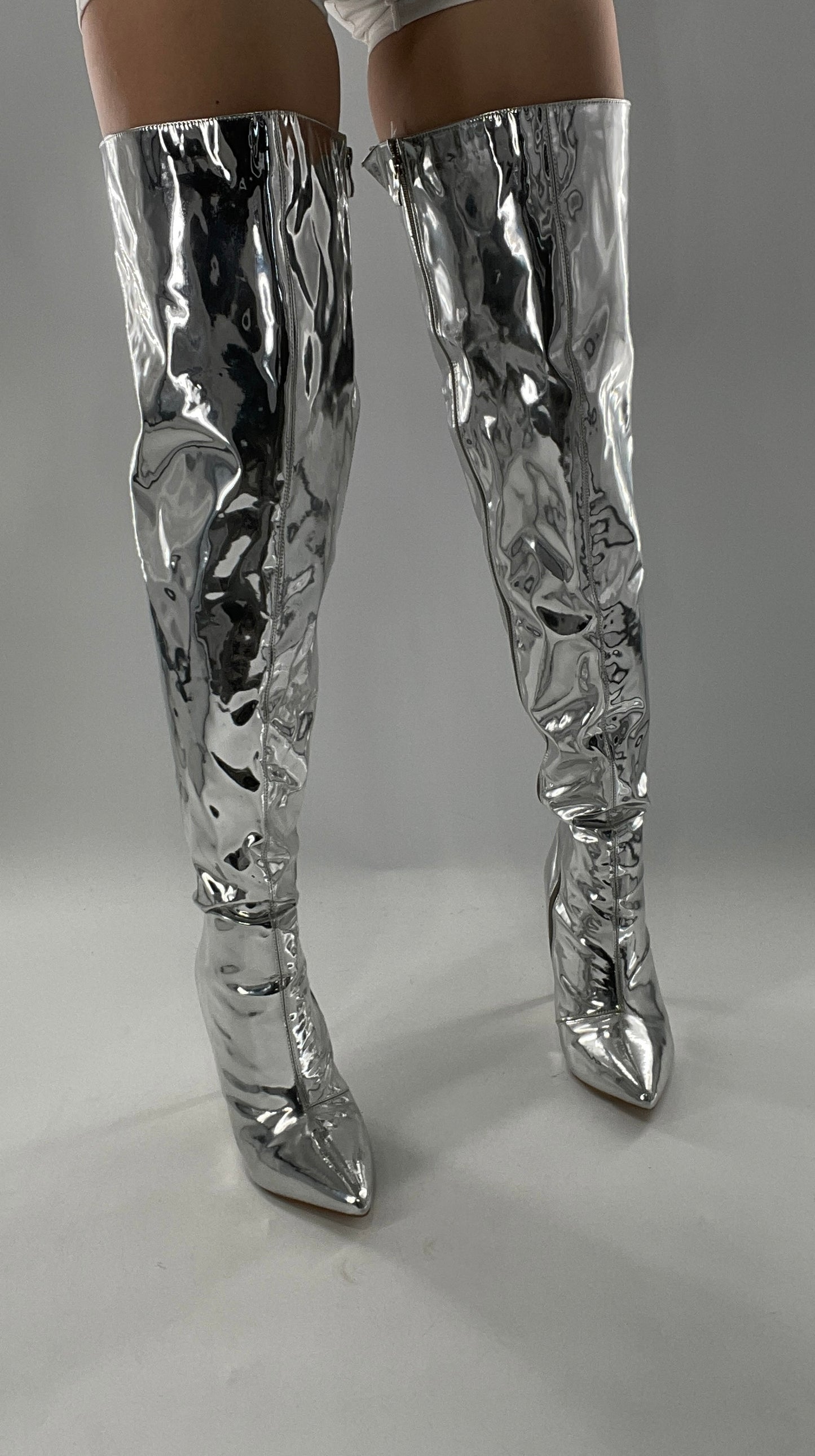 Vintage Chrome Platinum Mirrored Thigh High Molten Metal Sky High Boots Space Cadet/Concert (7)