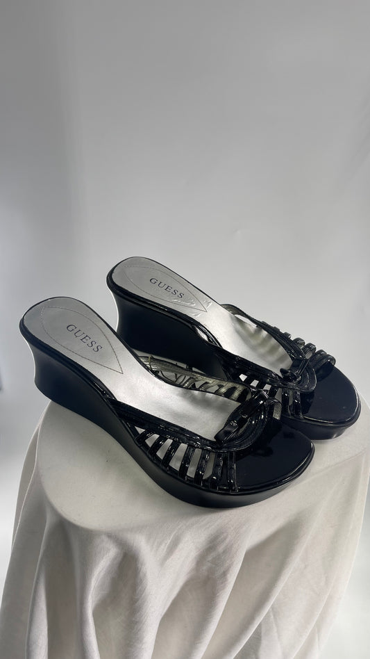 GUESS 1990s Vintage Black Patent Wedge Platform Caged Sandal with Bow (9)