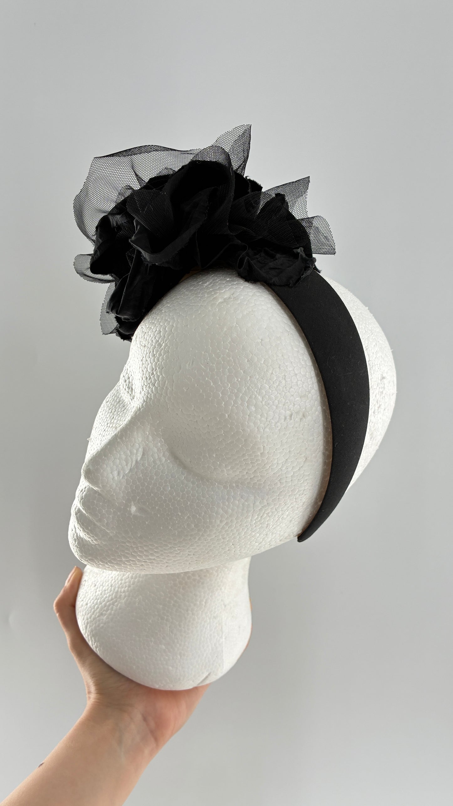 Vintage FARMER Handmade Black Thick Headband with Tulle Appliqué