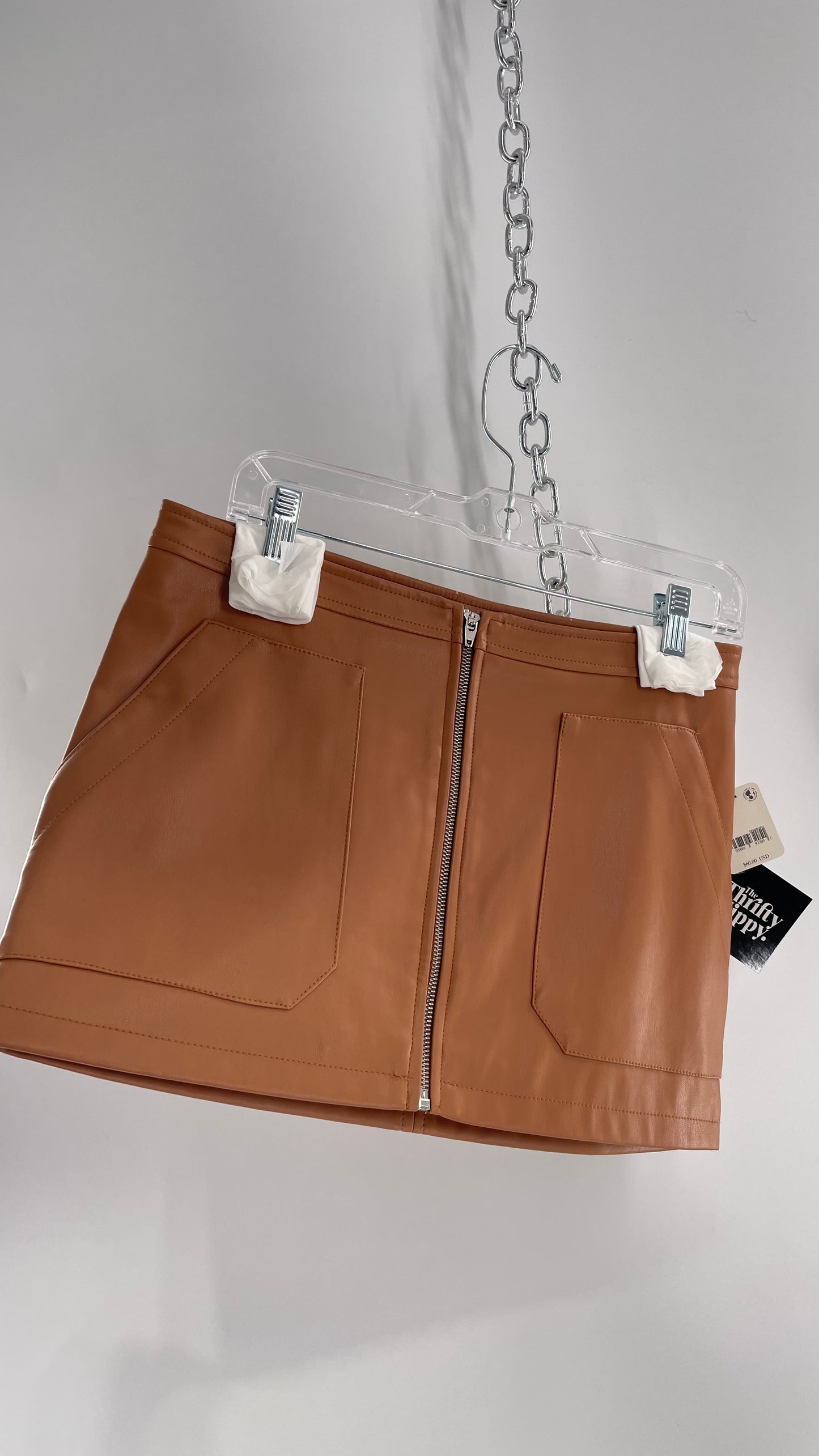 Free People Cognac Brown Vegan Leather Zip Front Skirt with Tags Attached (6)