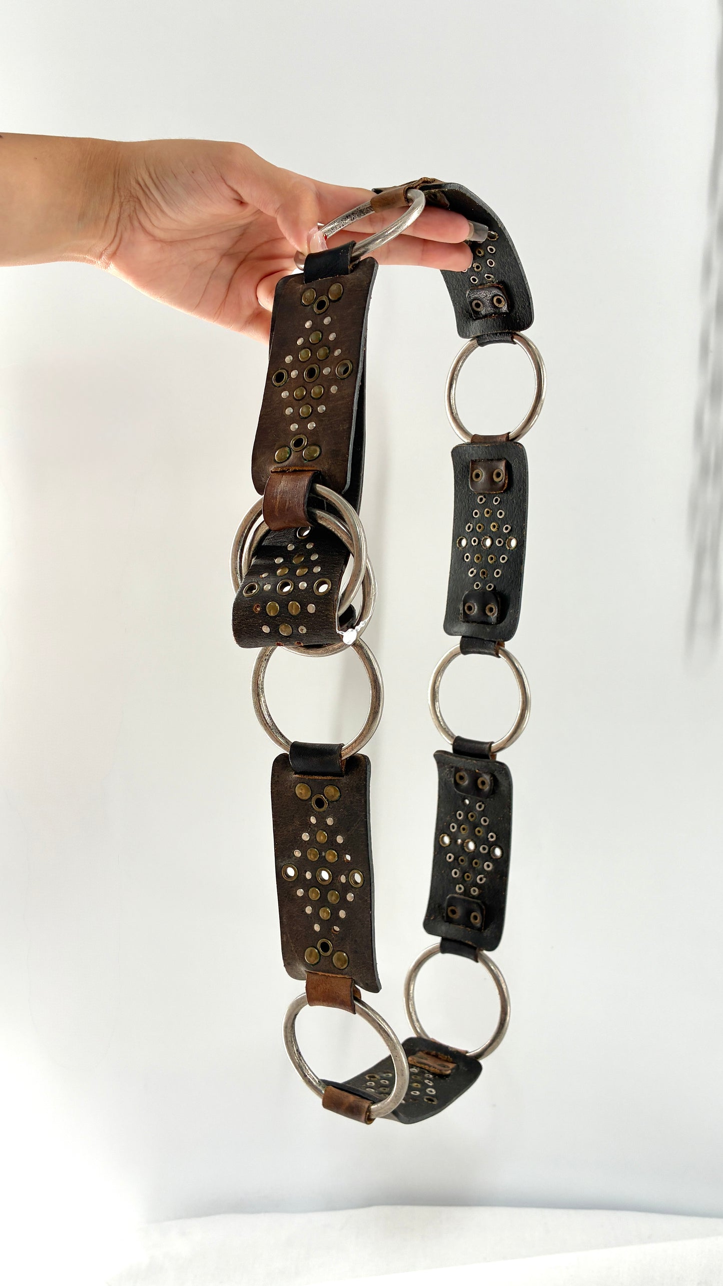 Vintage Studded Leather and Interconnected Metal Ring Belt