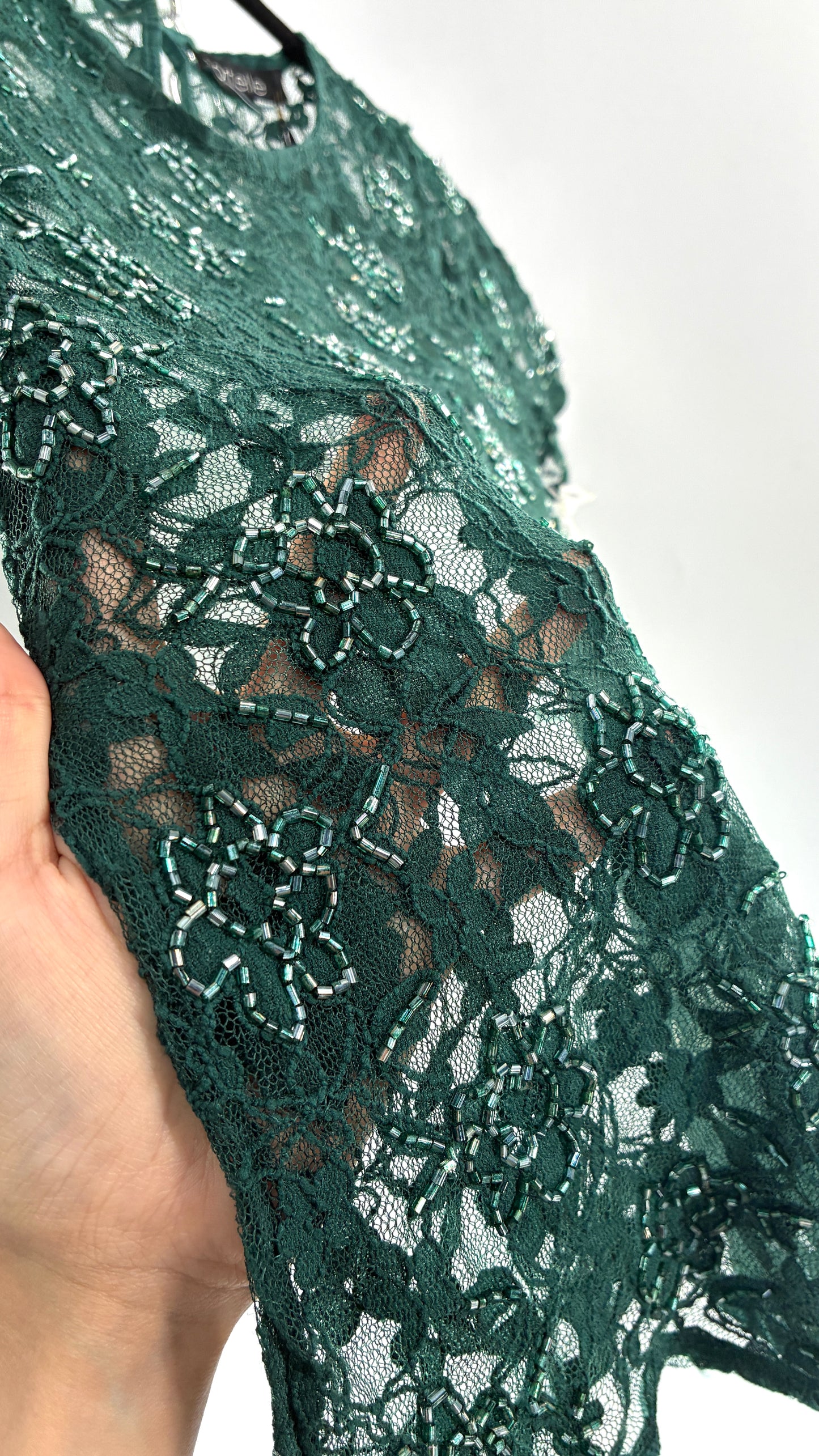 Imported Deadstock Vintage Green Beaded Floral Lace Fitted T (XS/S)