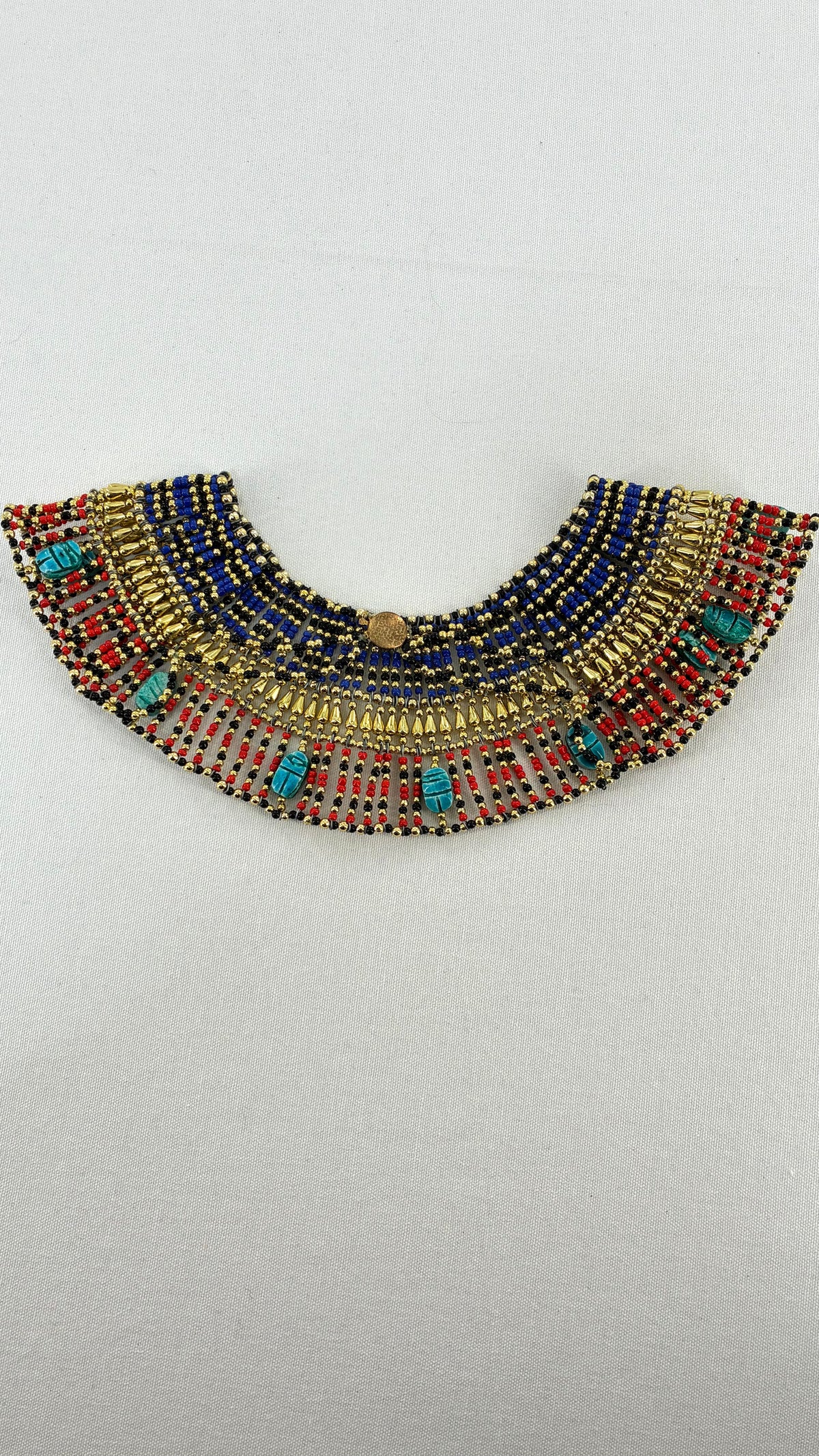 Vintage Egyptian Cleopatra Pharaoh Scarab Beaded Bib Necklace