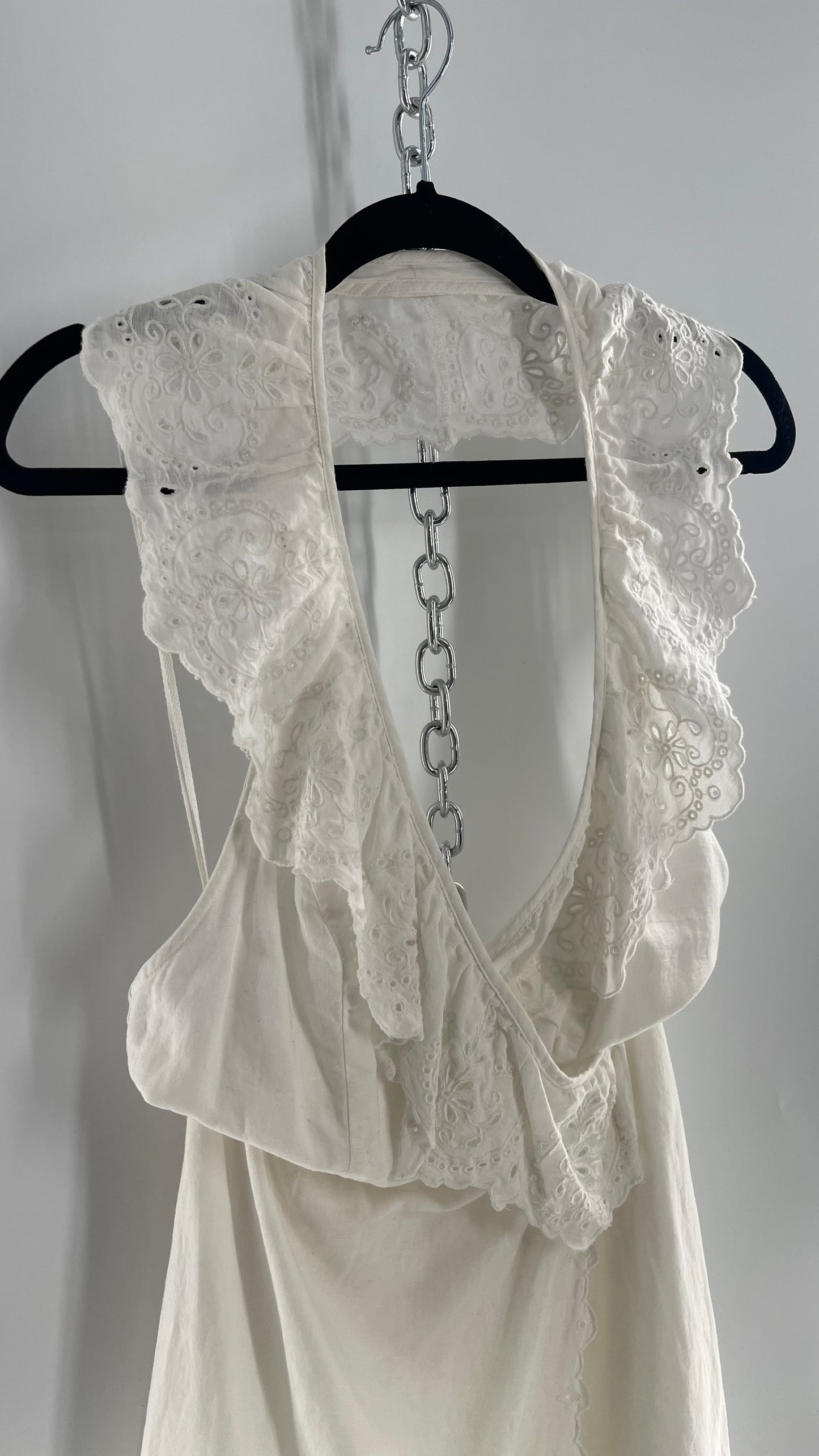 Free People White Cotton Dress with Eyelet Lace Trim Halter (Medium)