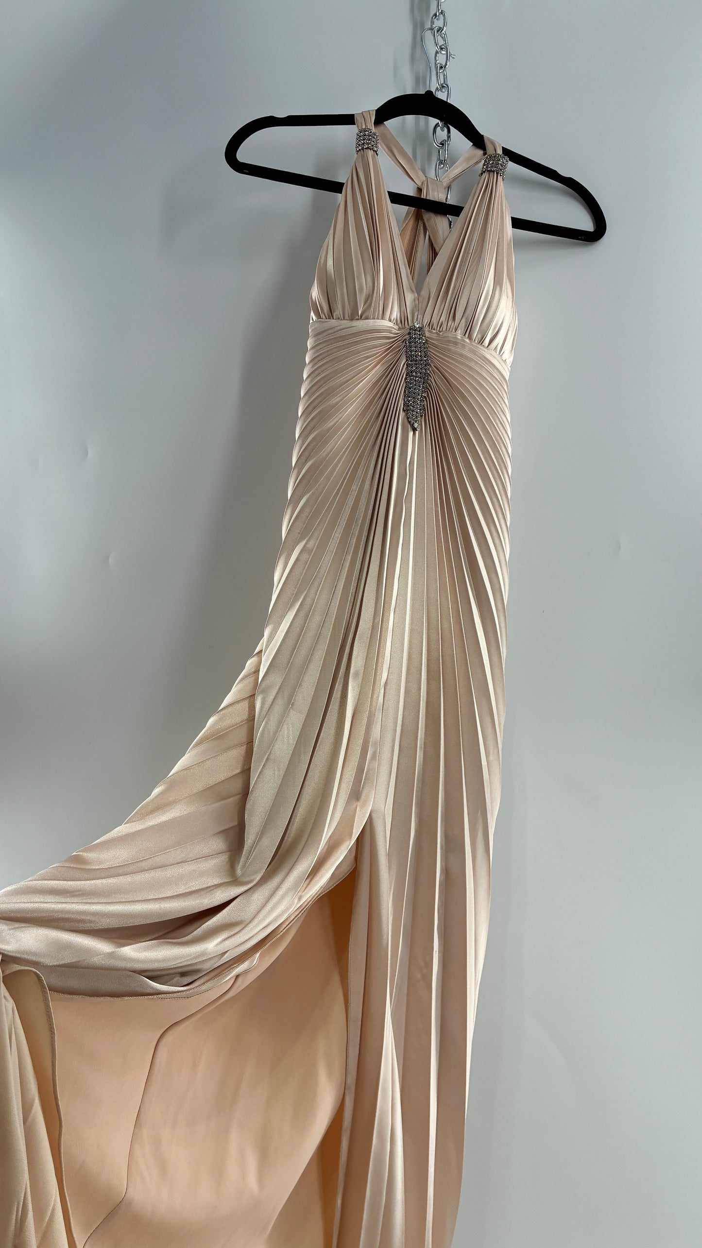 Vintage ISSUE Pleated Champagne Gown with Vented Slit Front, Crystal Bust Appliqué and Strap Cuffs (2)