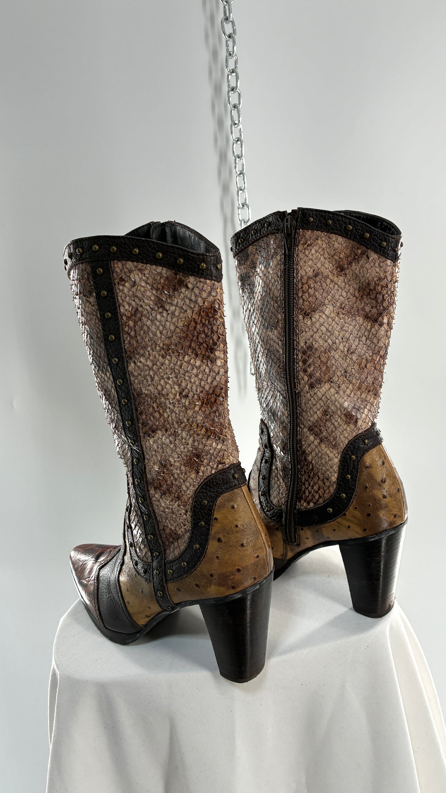 Vintage STUART WEITZMAN Stampede Boots Ft Snake, Crocodile and Ostrich Embossed Leather (8.5)