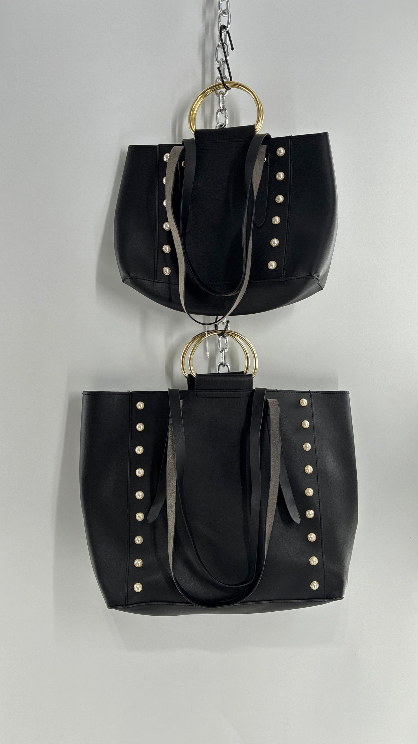 Black Vegan Leather Dual Size Purse Set with Pearl Studs