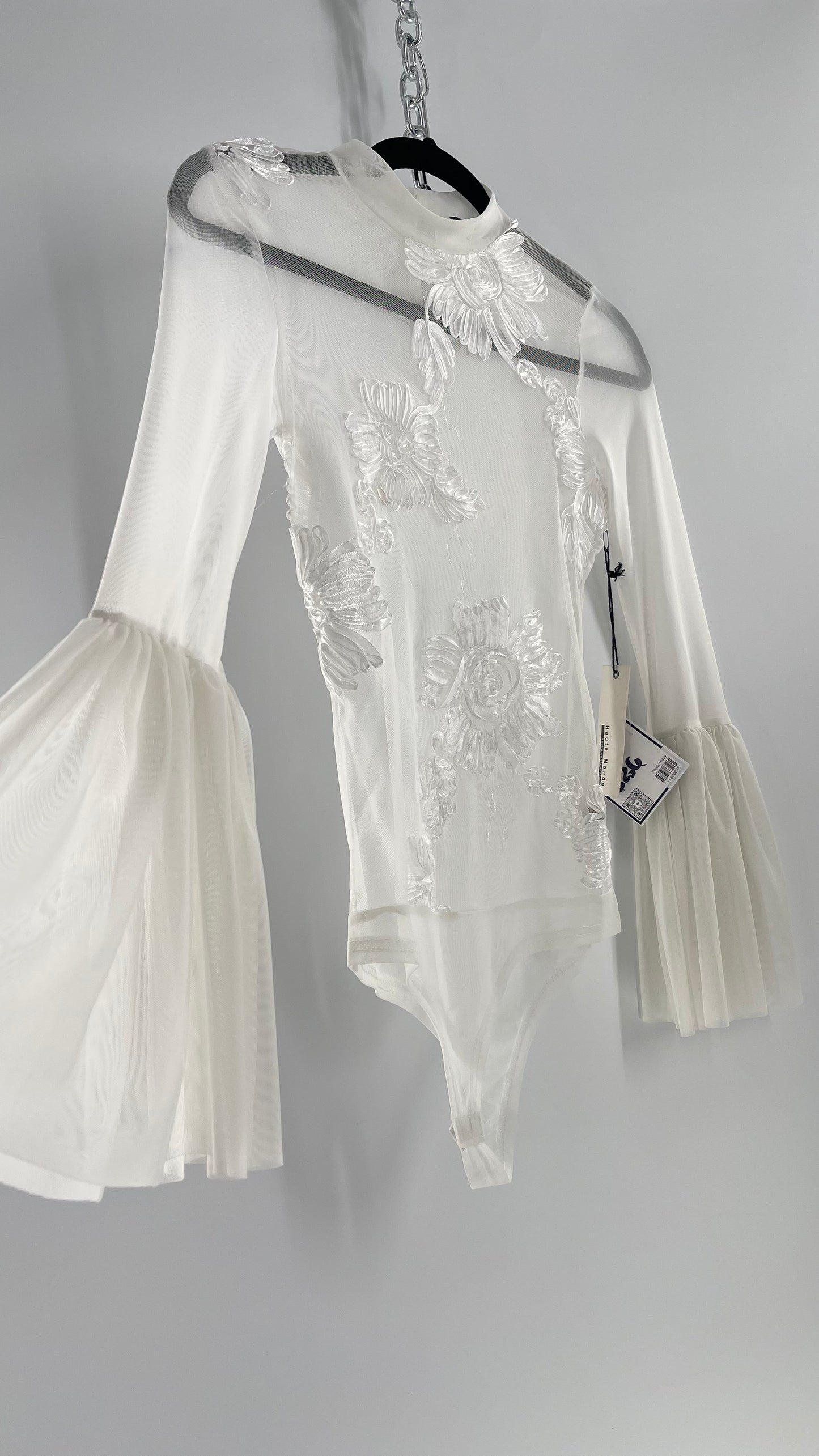 Haute Monde White Mesh Bodysuit with Ribbon Embroidery, Bell Sleeves and Tags (Small)