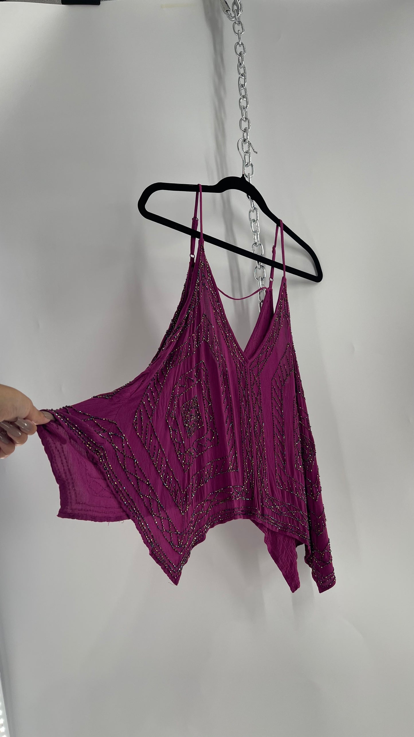 Free People Purple Beaded Handkerchief Hem Tank (Small)