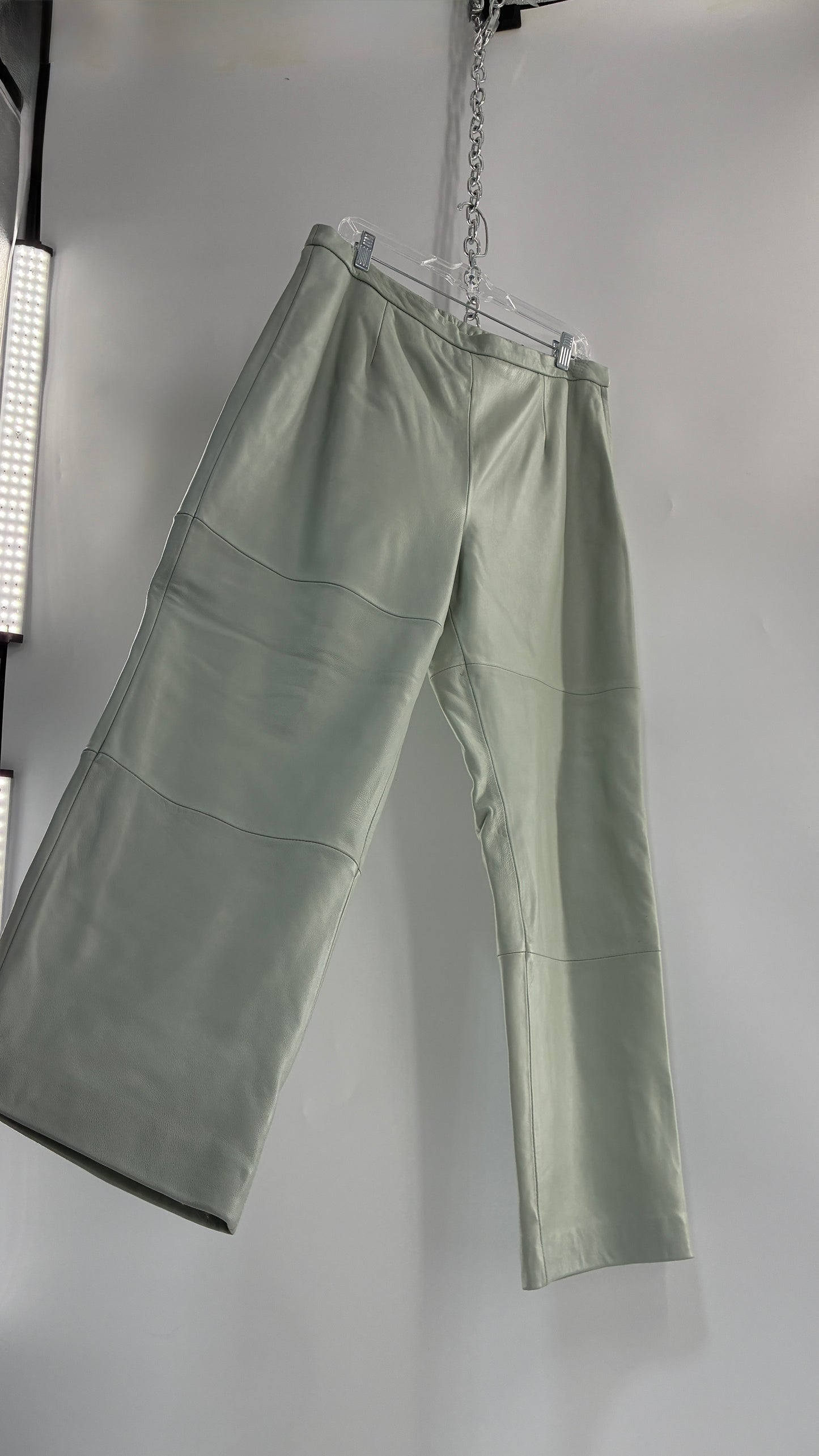 Vintage TERRY LEWIS Classic Luxuries Muted Seafoam, Genuine Leather Trousers with Silky Soft, Satin Lining (16P)