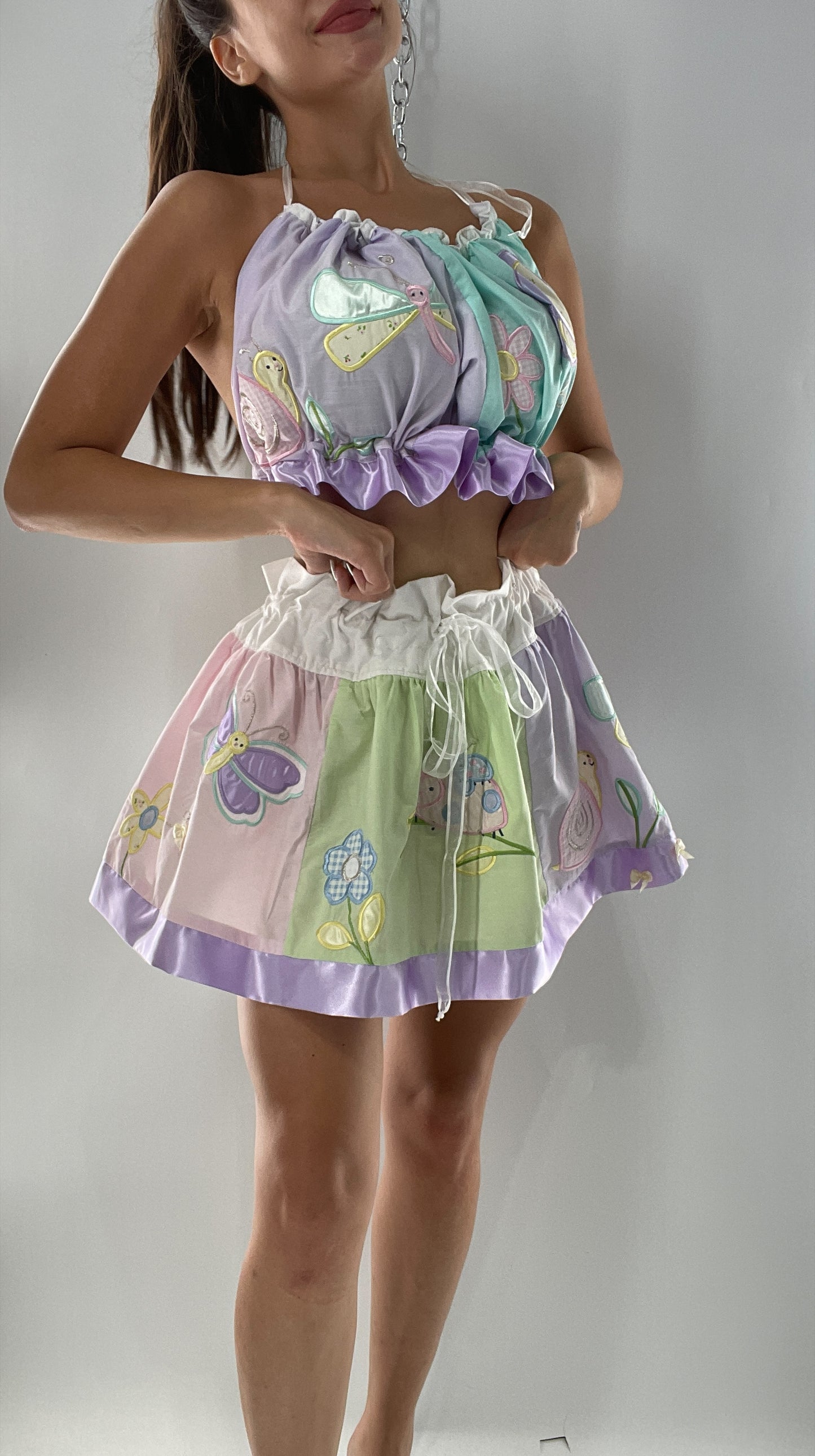 Vintage Custom 2piece Garden Gal Set Covered in Patchwork Butterflies, Dragonflies, Flowers, Snails and Pastels (One Size Fits Most)