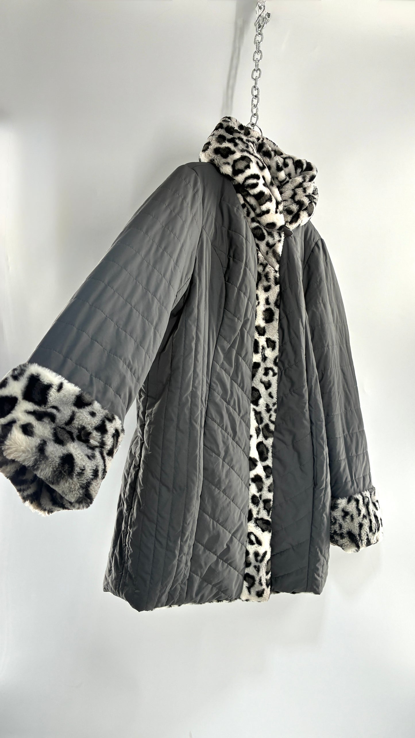 Vintage DENNIS BASSO Reversible Leopard Fur and Quilted, Hooded Coat (Large)