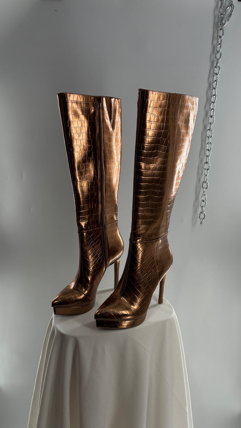 Vintage THALIA SODI Bronze Embossed Crocodile Texture Platform, Pointed Toe, Knee High Boots (6)