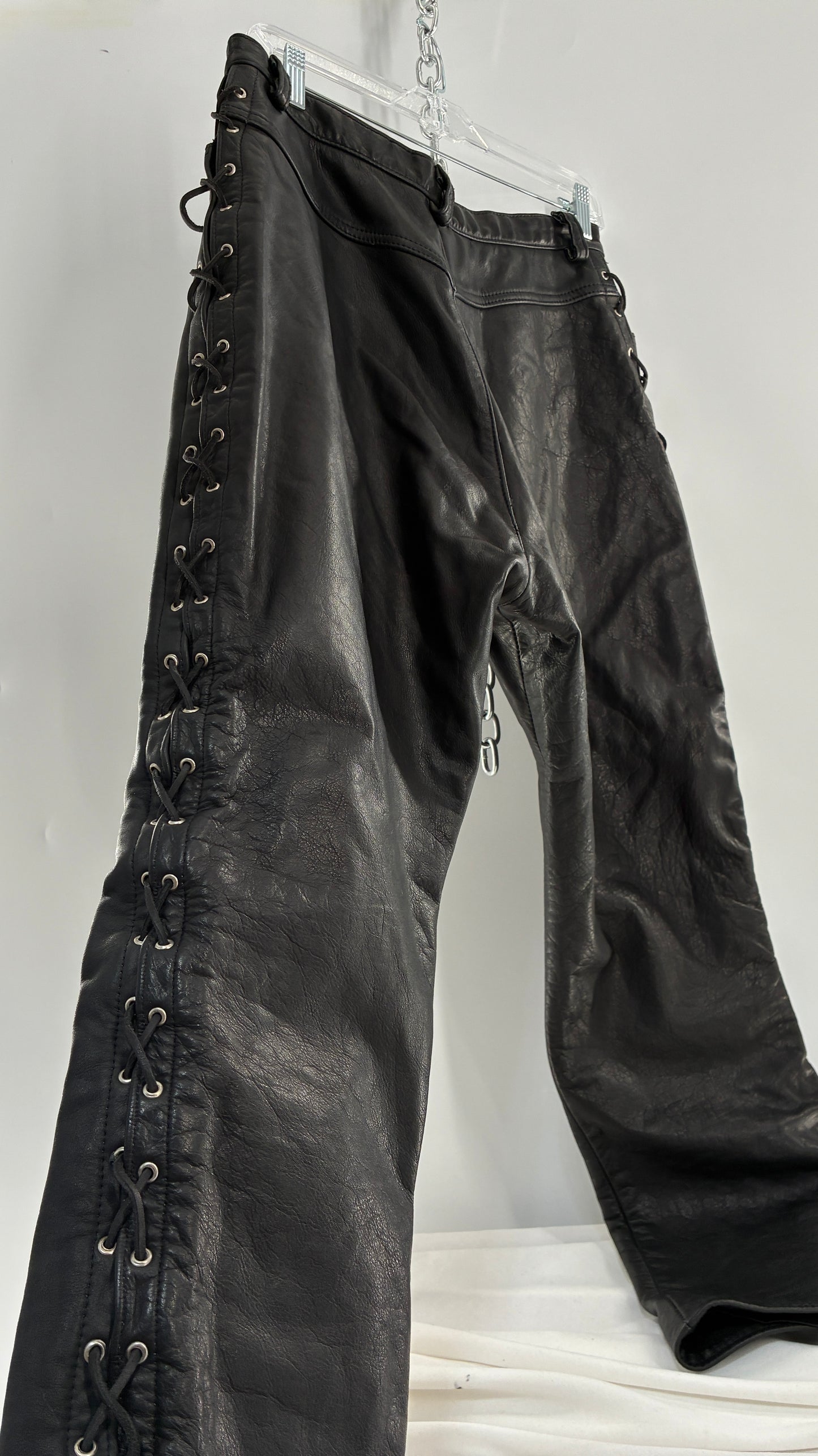 Vintage Thick Ultra Soft Black Leather Pants with Tie Up Sides (Medium)
