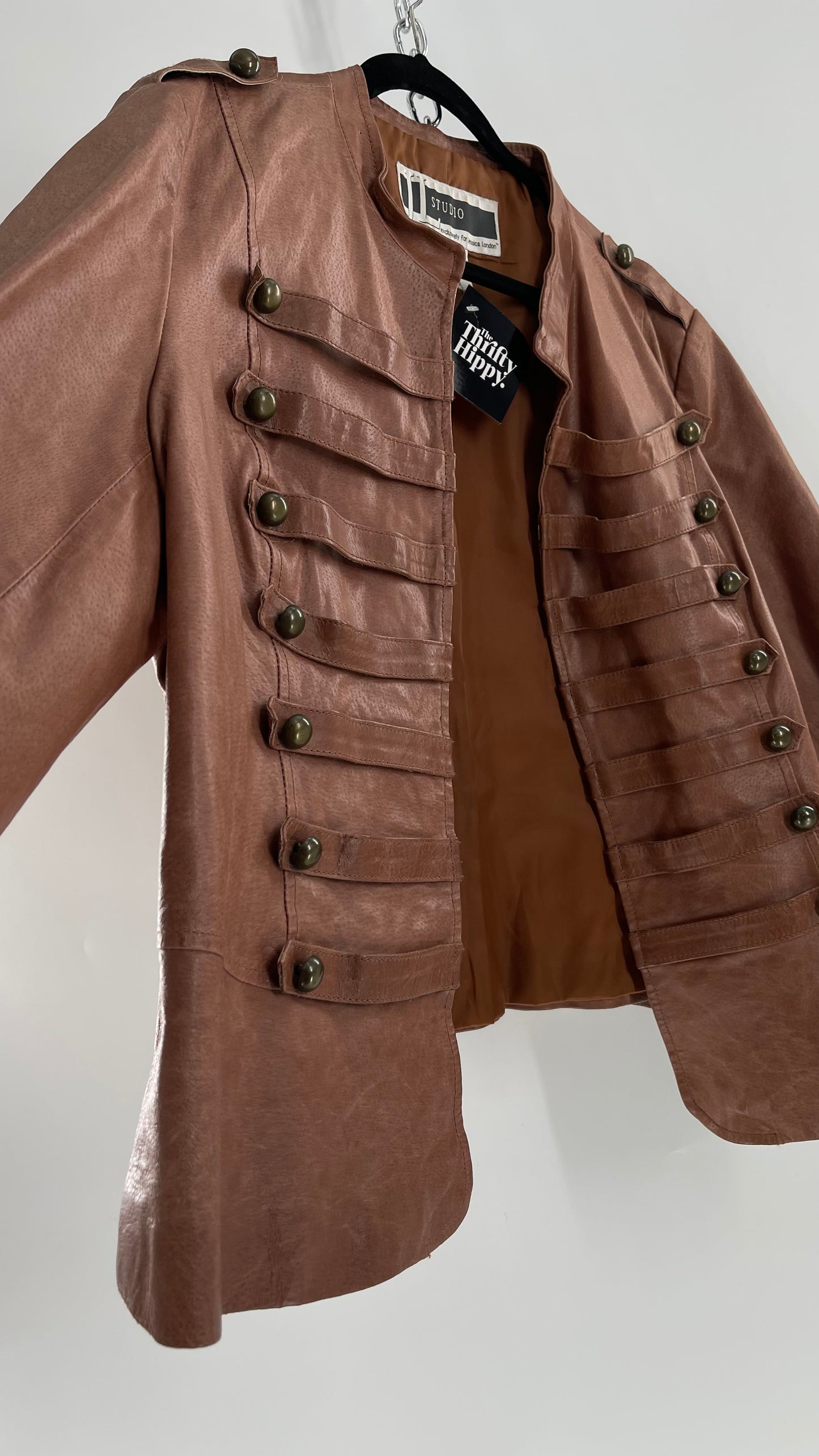 Vintage JL Studio Brown Leather Double Breasted Steampunk Military Drummer Jacket with Brass Toned Buttons (24W)