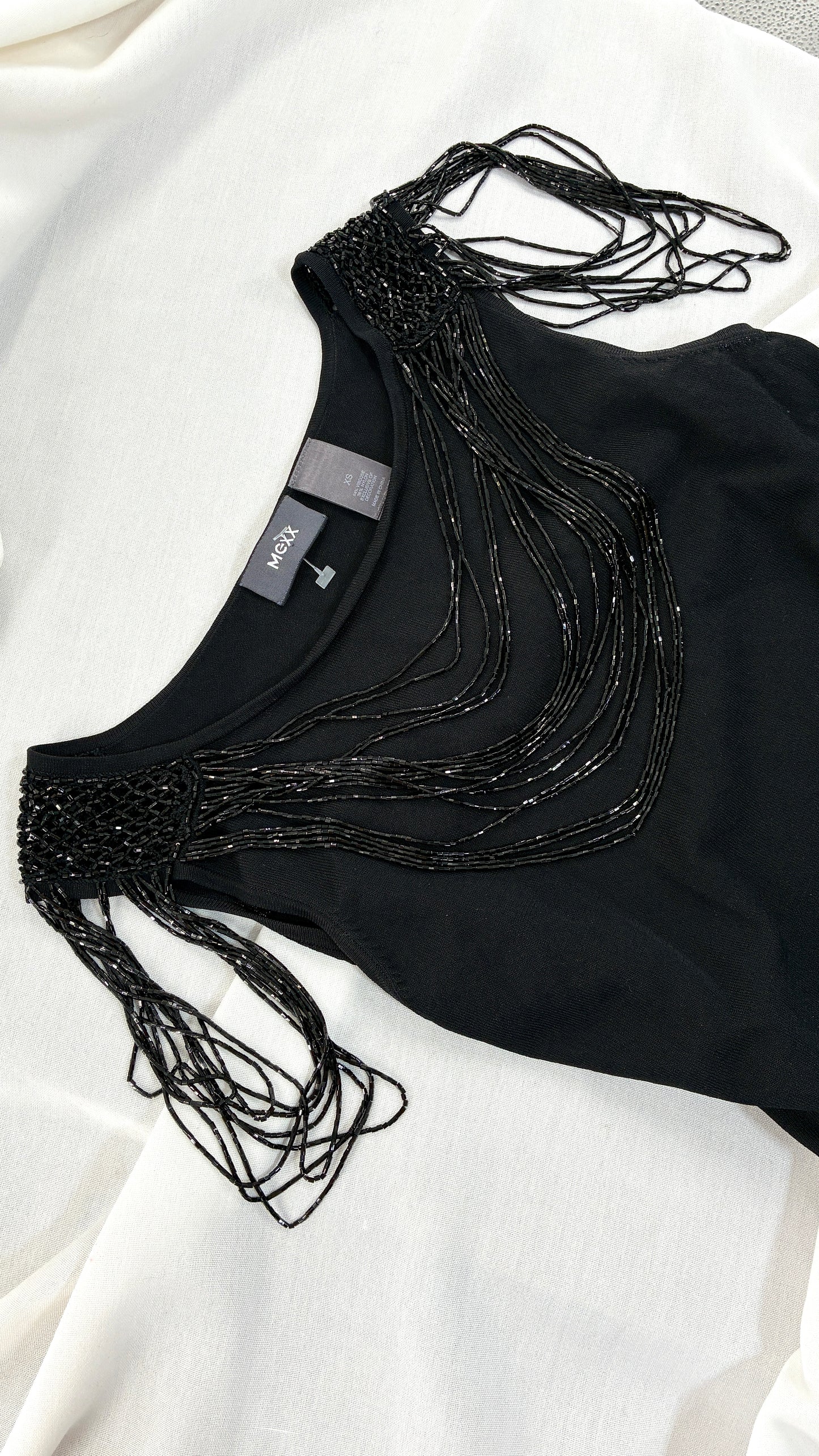 Vintage 1990s MEXX Black Thick Knit with Beaded Neck Detail and Draped Shoulders (XS)