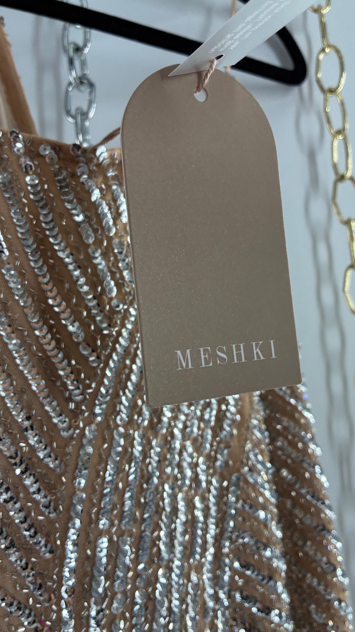 MESHKI Tierra Nude Full Length Dress with Silver Sequins with Tags Attached (XXXL)