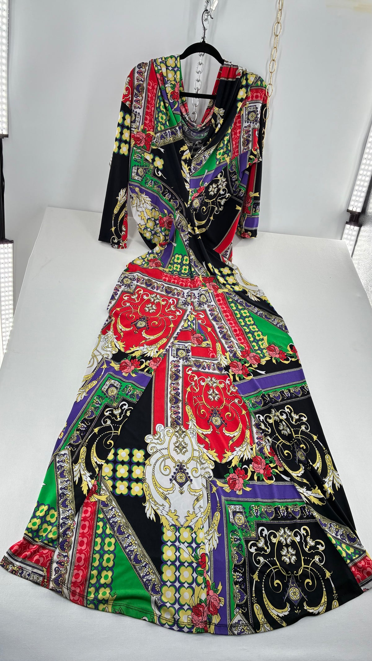 Vintage SEXY DIVA Drape Neckline Full Length Baroque Scarf Print Dress (Large)