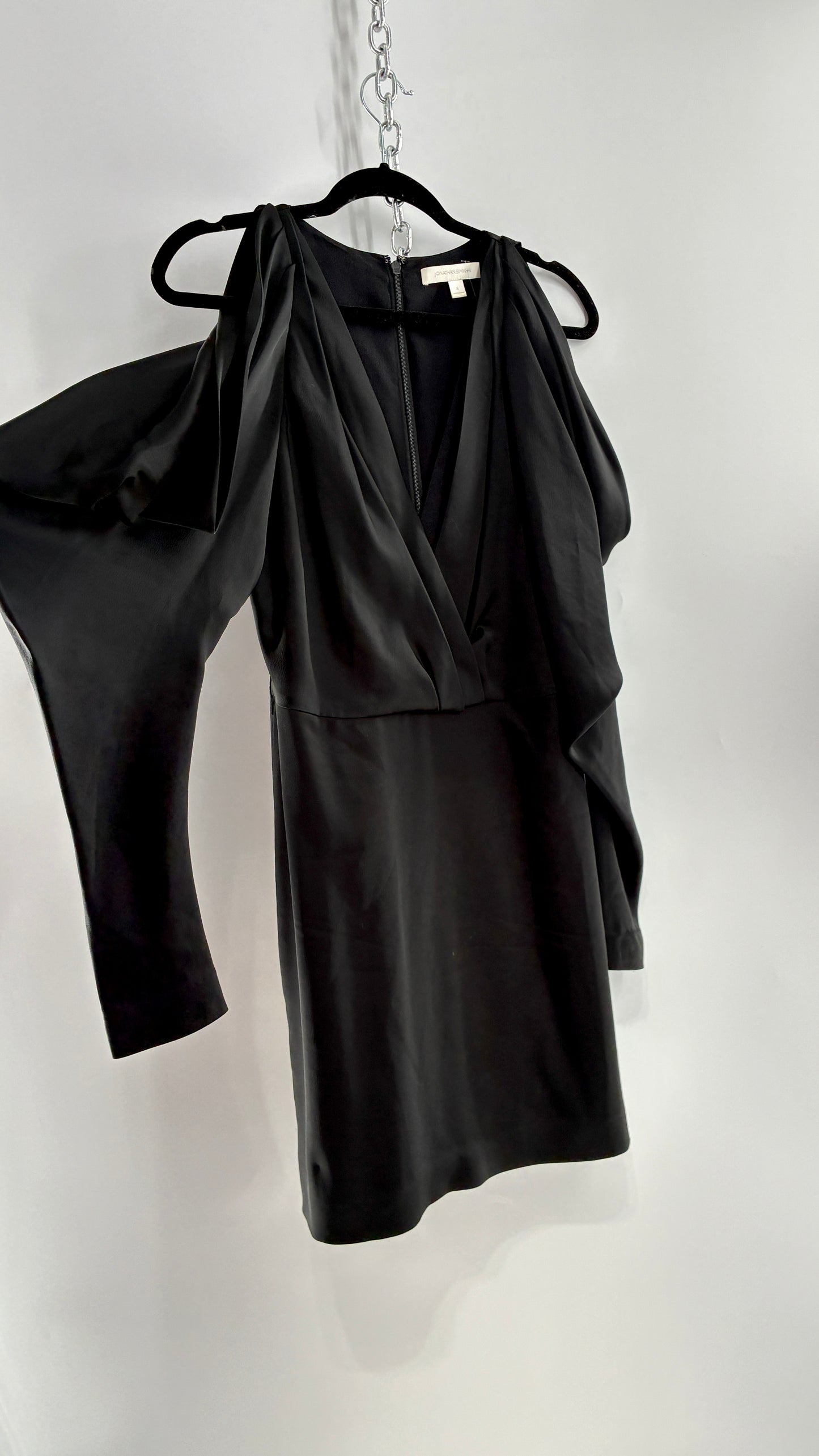 JONATHAN SIMKHAI Black Silky Mini Dress with Exaggerated, Draped Cold Shoulders (8)