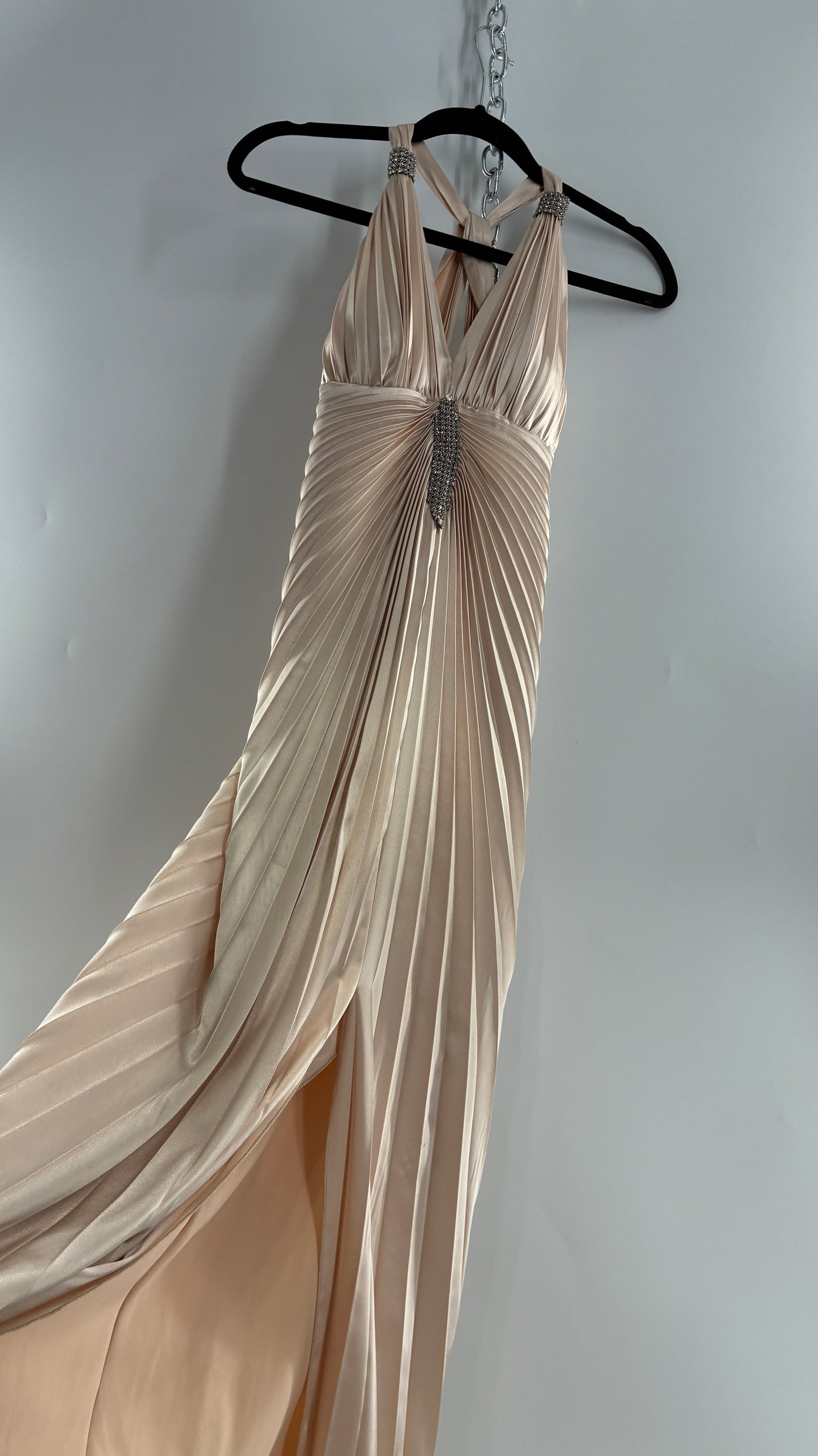 Vintage ISSUE Pleated Champagne Gown with Vented Slit Front, Crystal Bust Appliqué and Strap Cuffs (2)