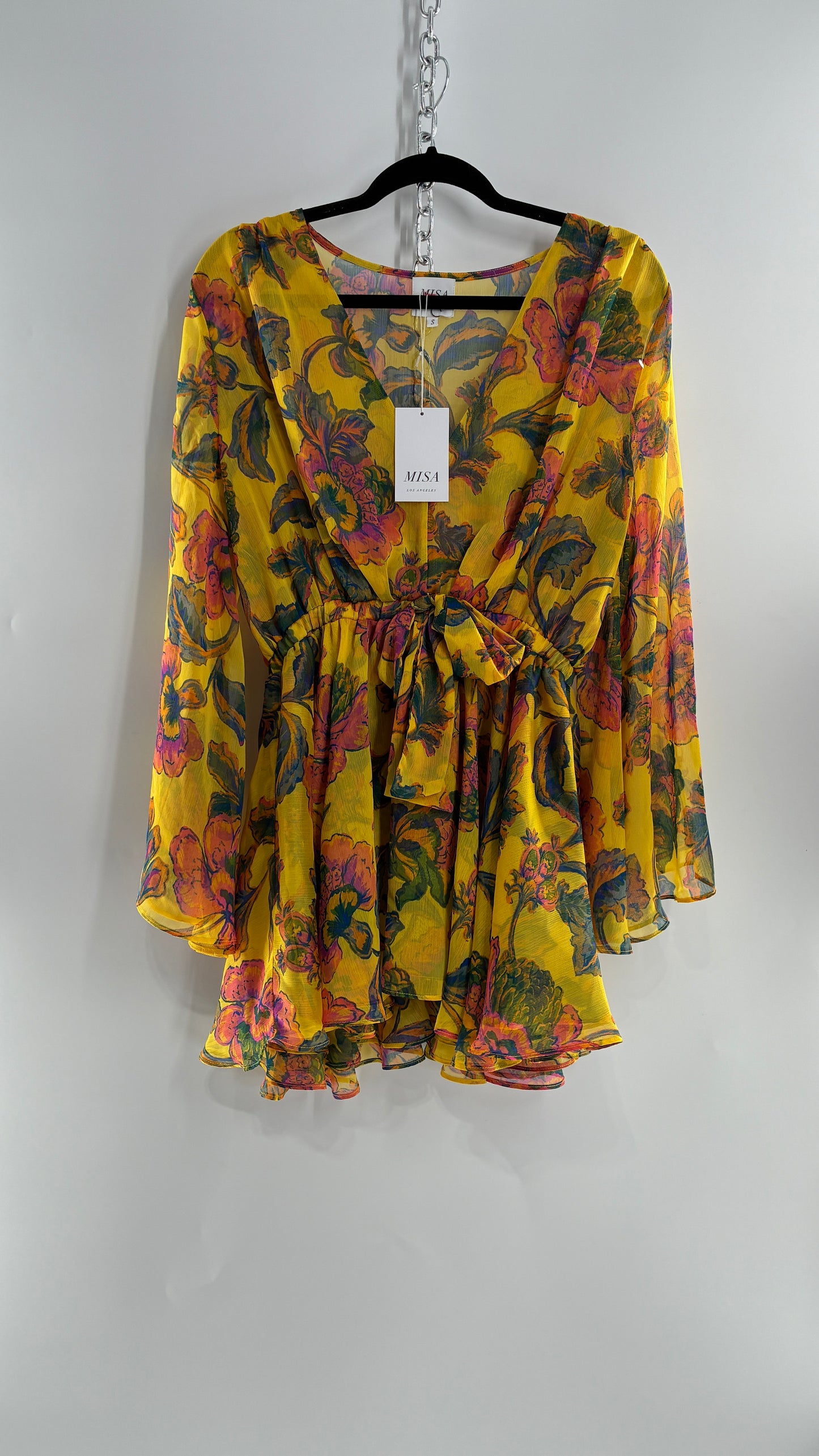 MISA Los Angeles KAIA Yellow Floral Bell Sleeve Long Sleeve Top/Micro Mini Dress with Tags (Small)