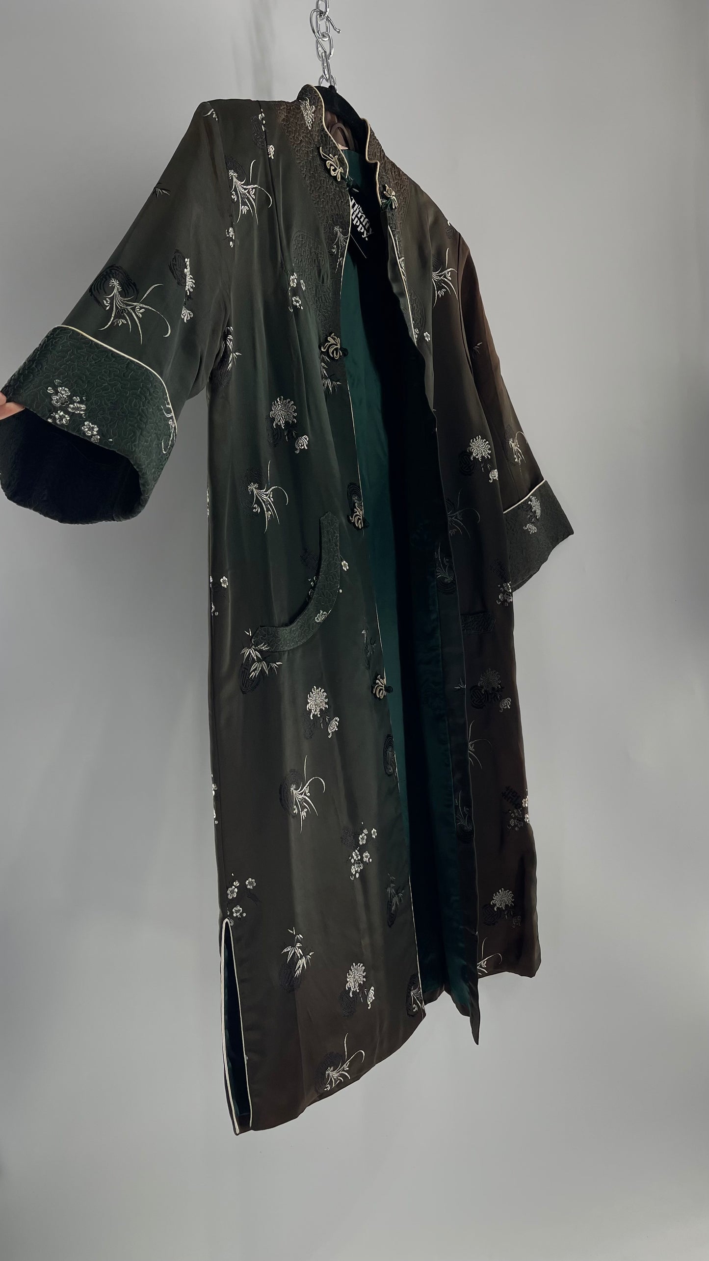 Vintage Hong Kong, Hand Made, Dark Green Silk Kimono Coat/Smoking Jacket (38)