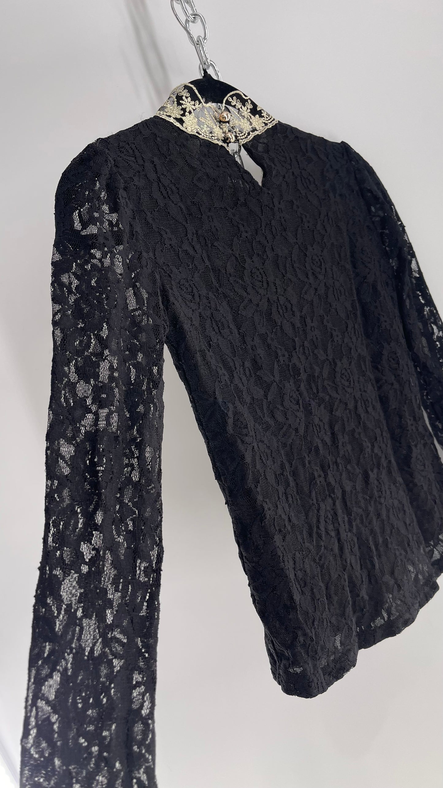 Biexiu Vintage Black Lace Semi Sheer Blouse with Ivory Gold Beaded Embroidered Neckline (Small)