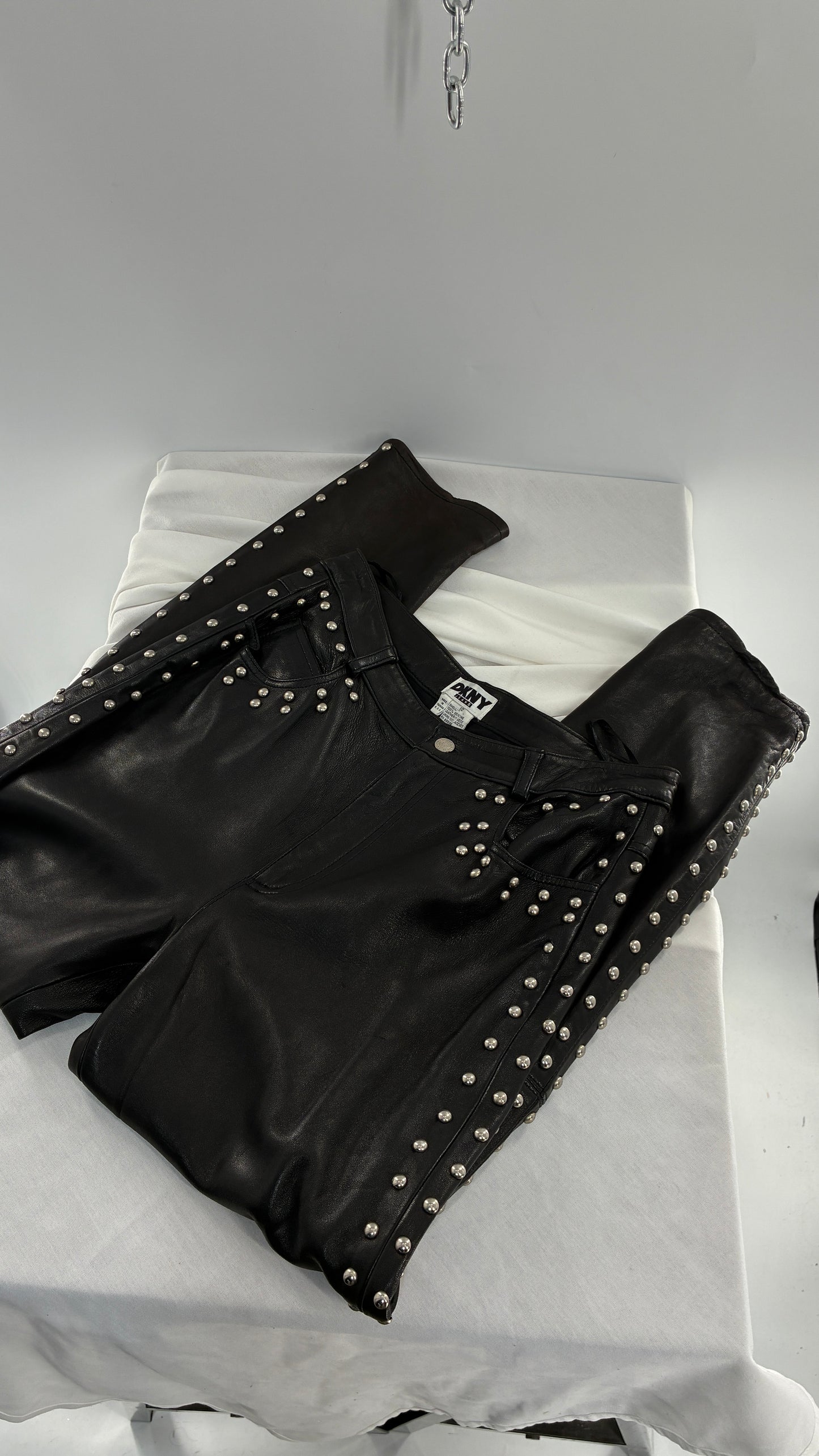 Vintage DKNY Genuine Leather Black Hip to Hem Studded Straight Legs (12)