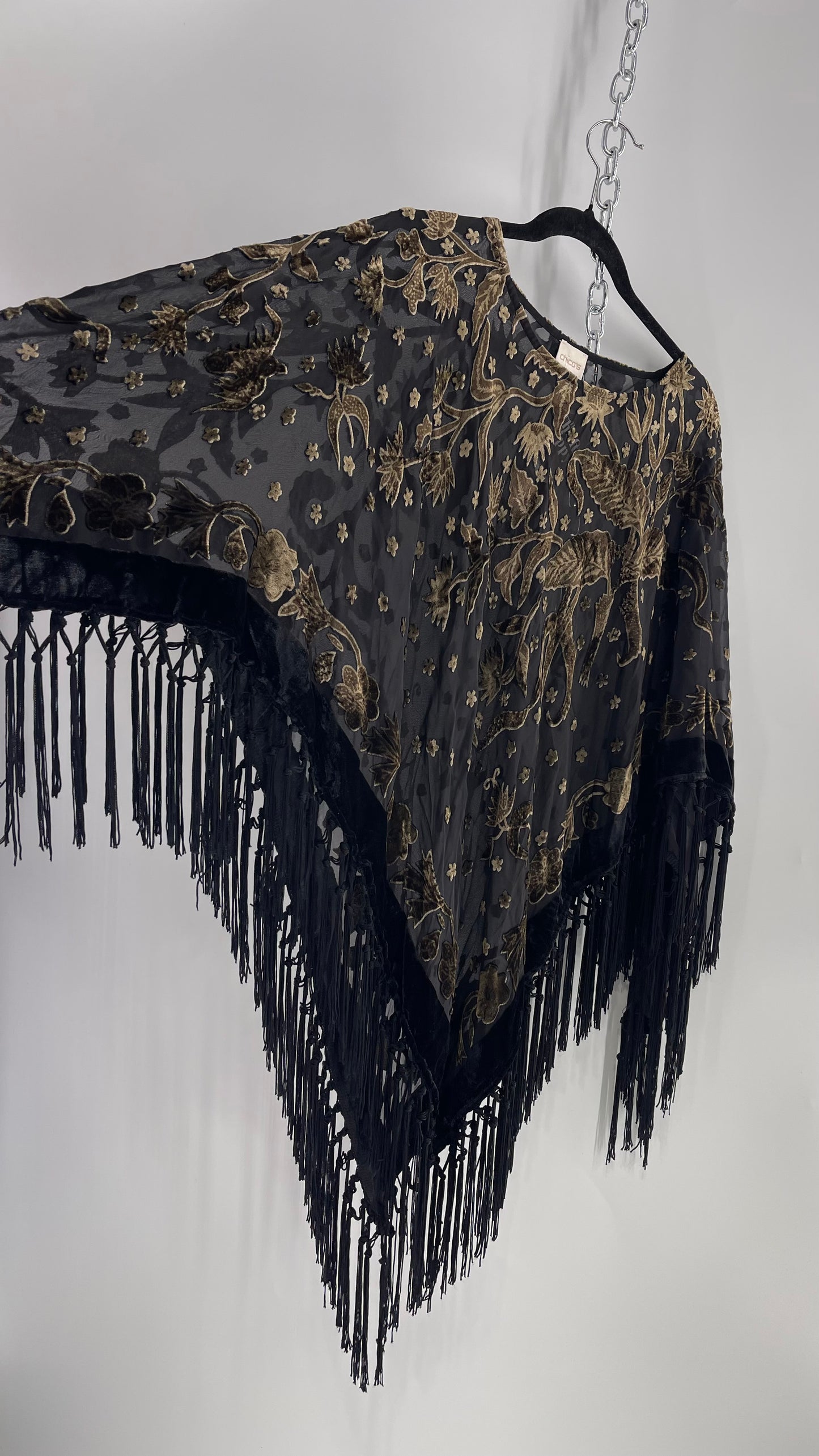 CHICO’S Poncho Black and Beige BurnOut Velour Pattern with Fringe (One Size)