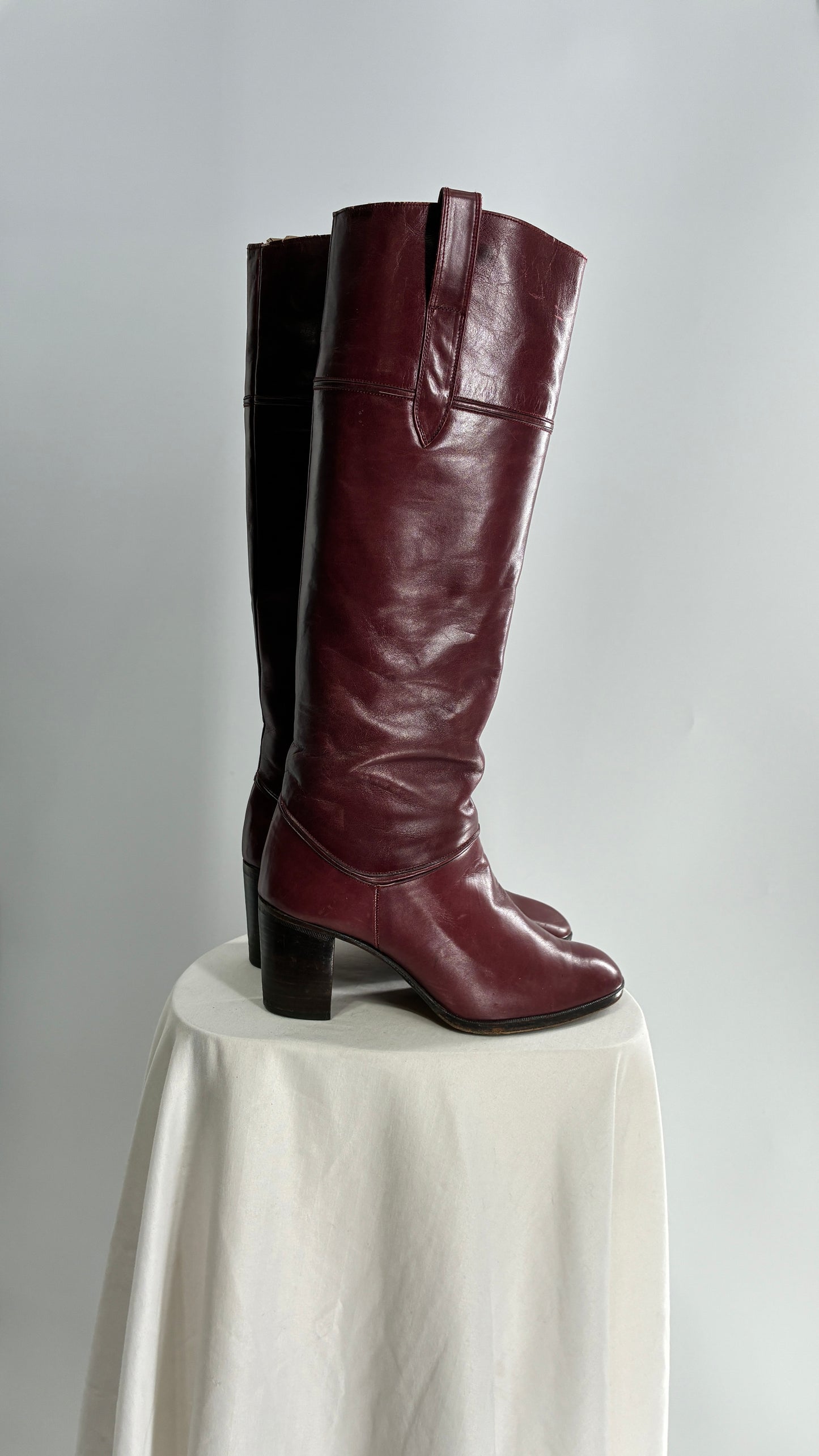 Vintage Red Leather Round Toe Knee High Boots Made in Spain Boots (38)